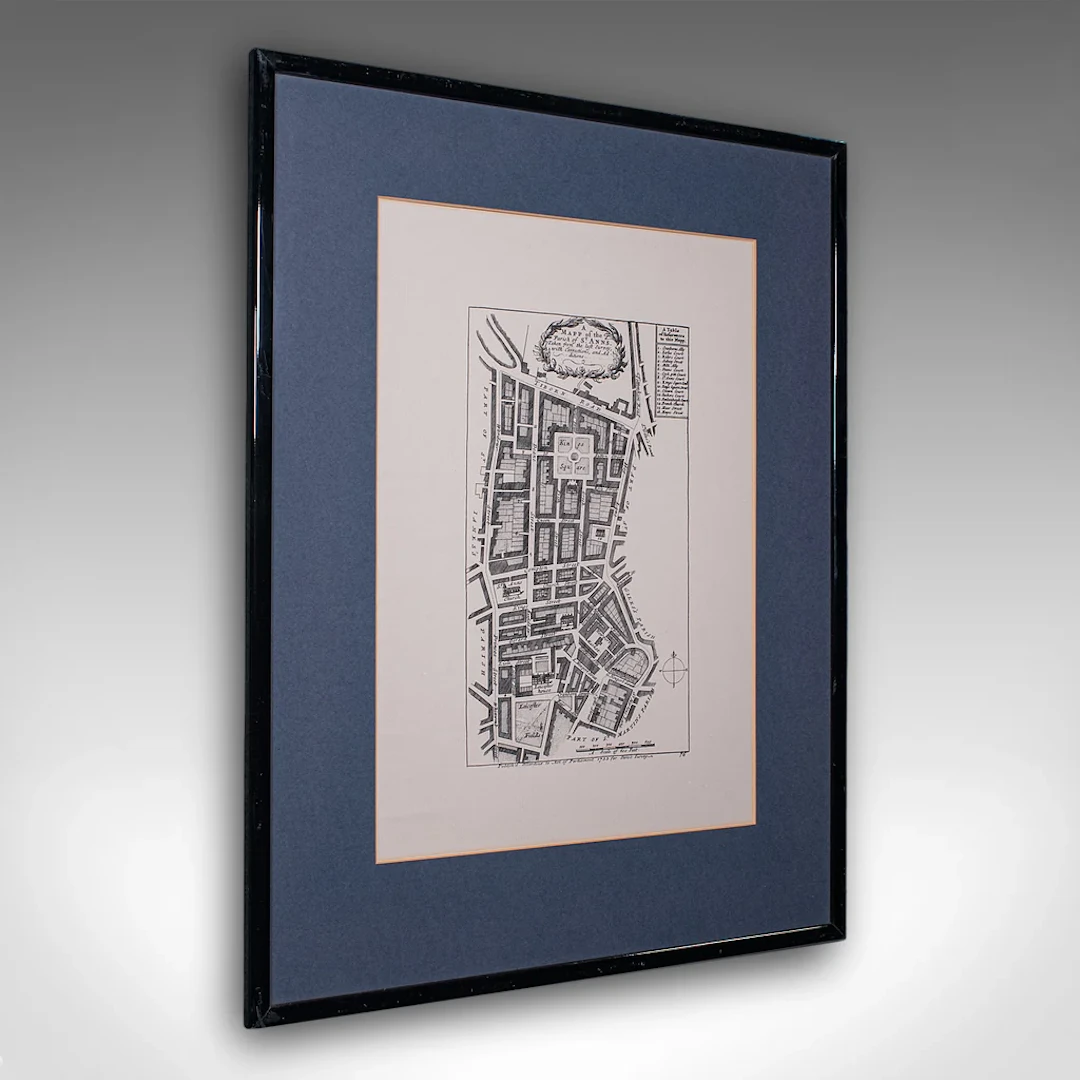 Vintage Framed 18th Century Street Map, London, West End, Soho, Leicester