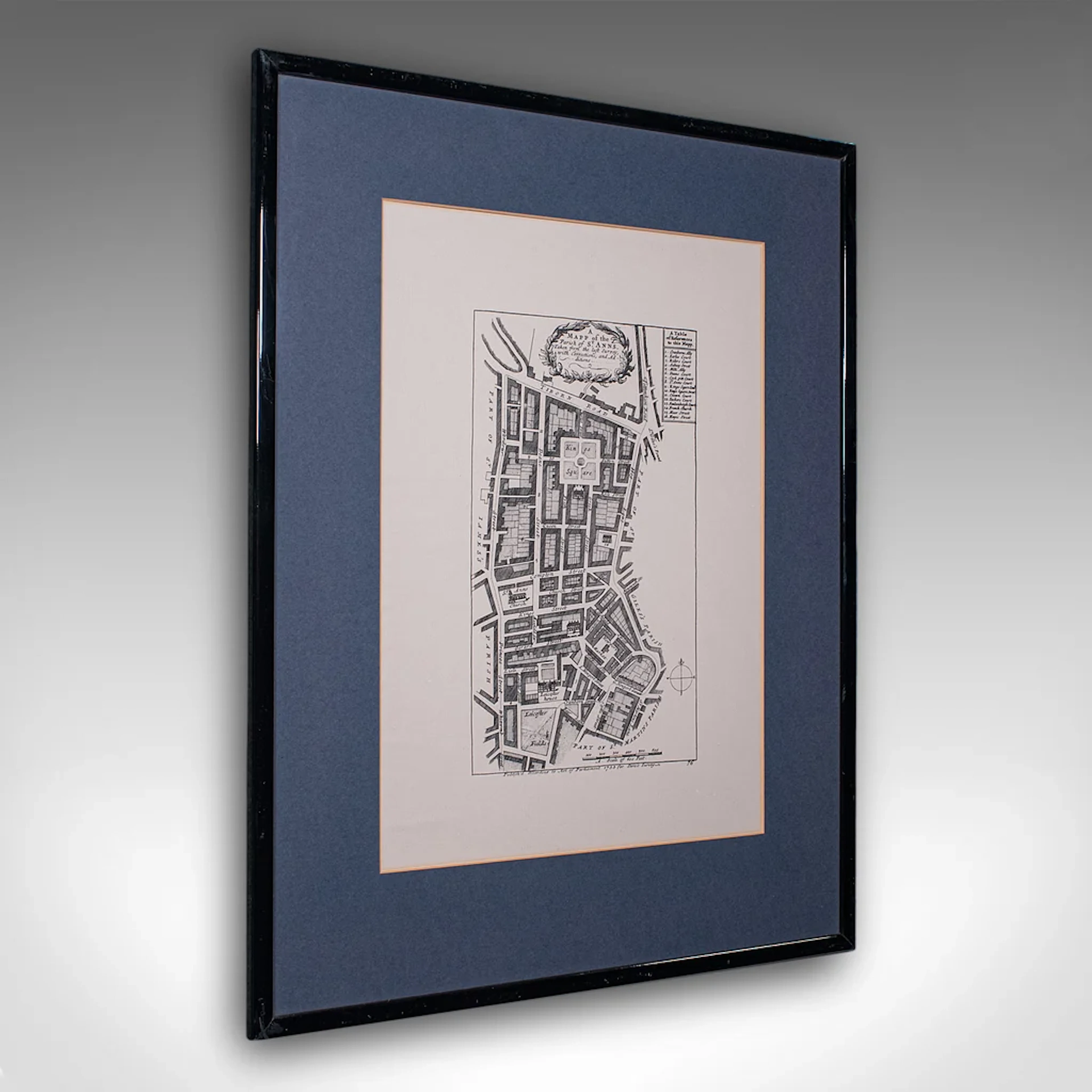 Vintage Framed 18th Century Street Map, London, West End, Soho, Leicester