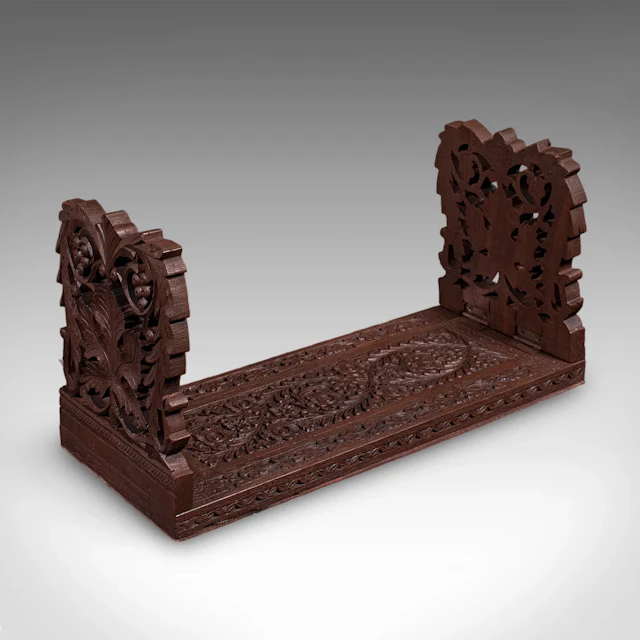 Vintage Carved Book Slide, Anglo Indian, Teak, Library Stand, Colonial