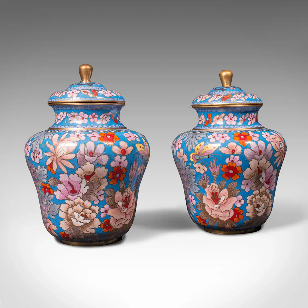 Pair Of Antique Cloisonne Spice Jars, English Ceramic, Decorative
