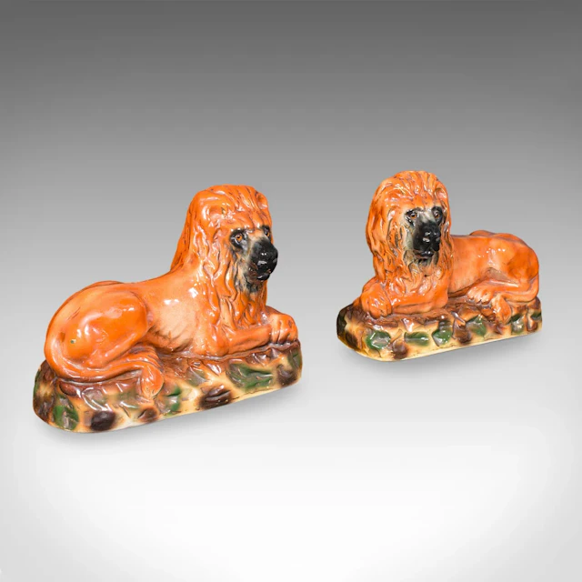 Pair of Antique Recumbent Lions, English, Ceramic, Bookends, Victorian, C.1900