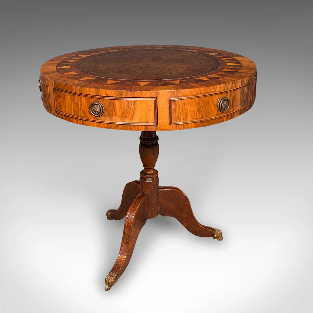 Vintage Rotary Centre Table, English, Walnut, Leather, Games, Regency Revival