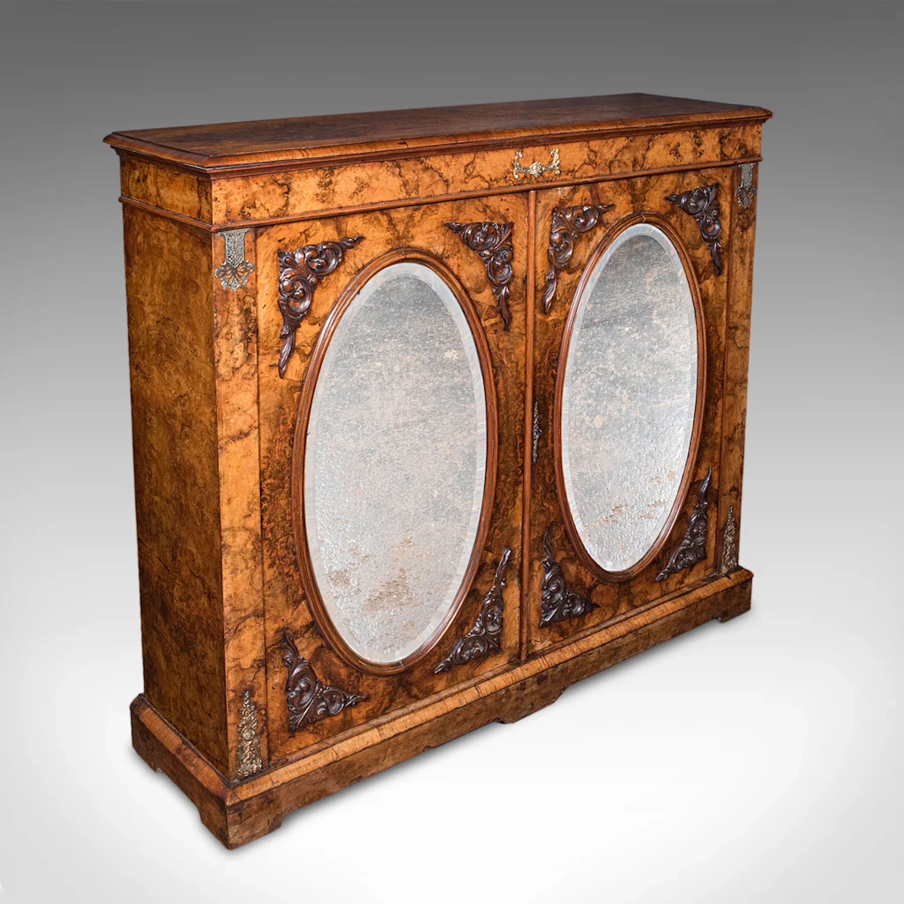 Antique Morning Room Book Cabinet, English Walnut Mirror Front Bookcase