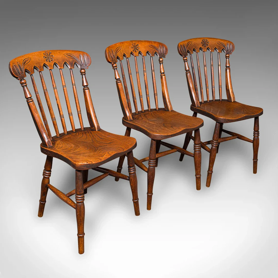 Trio of Antique Station Chairs, English Elm, Reception Hall Side Seat