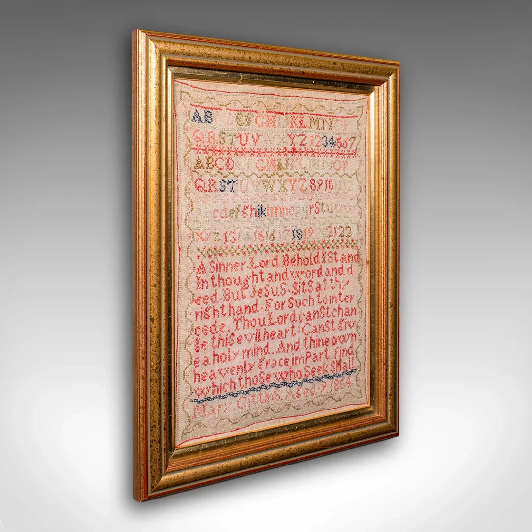 Antique Needlework Sampler, English, Framed, Embroidery Panel, Victorian