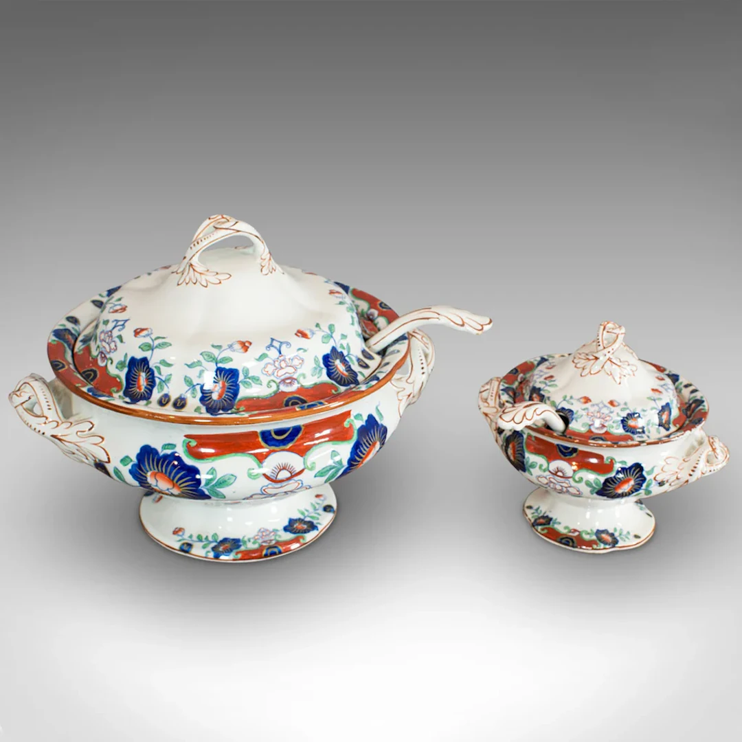 Vintage Serving Set, English, Ironstone, Soup Tureen, Cranberry Dish, Art Deco