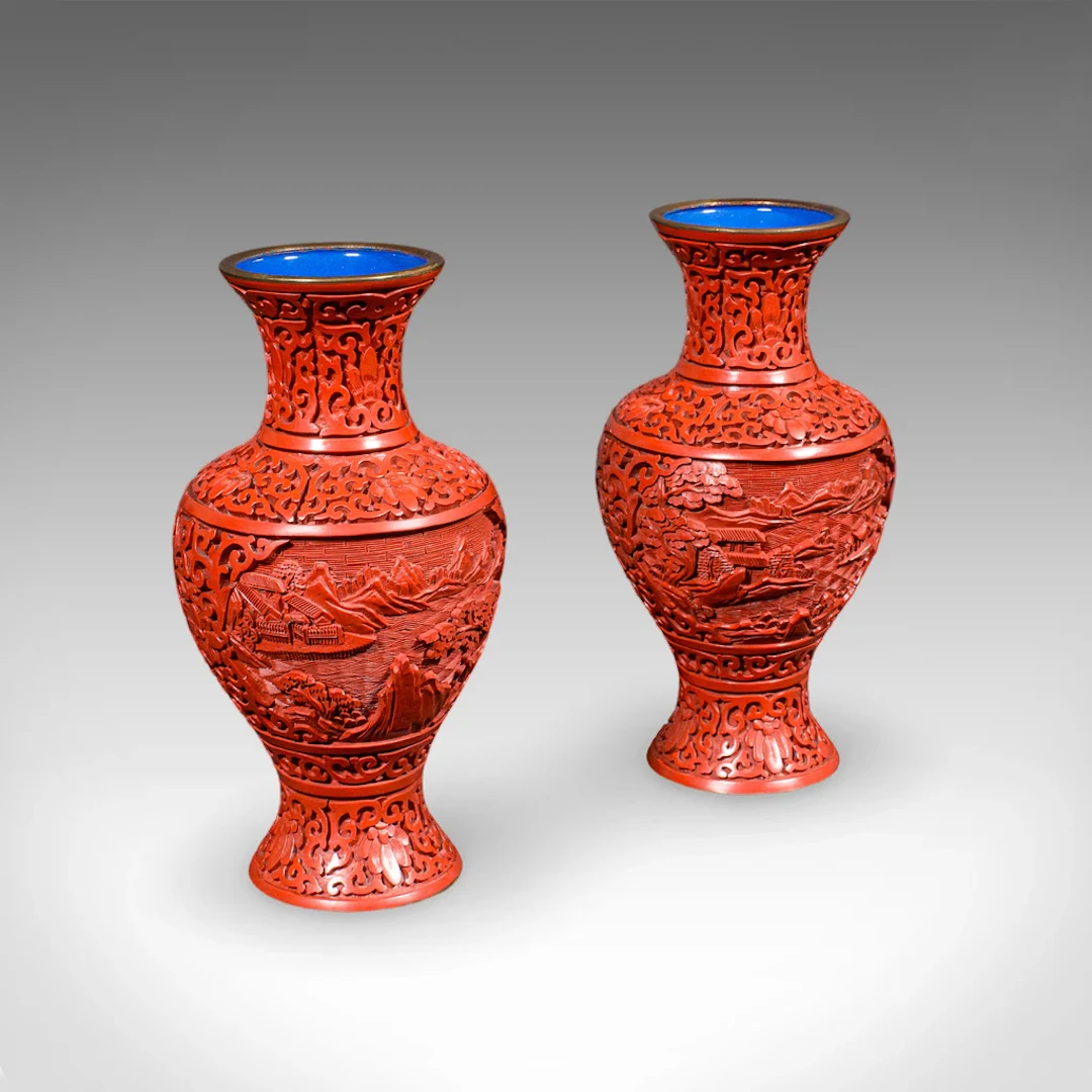 Pair of Vintage Cinnabar Baluster Vases, Oriental, Lacquer, Cloisonne, Posy Urn