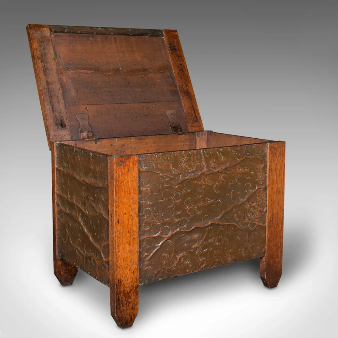 Antique Coal Keeper, English, Copper, Oak, Fireside, Store, Log Bin, Edwardian