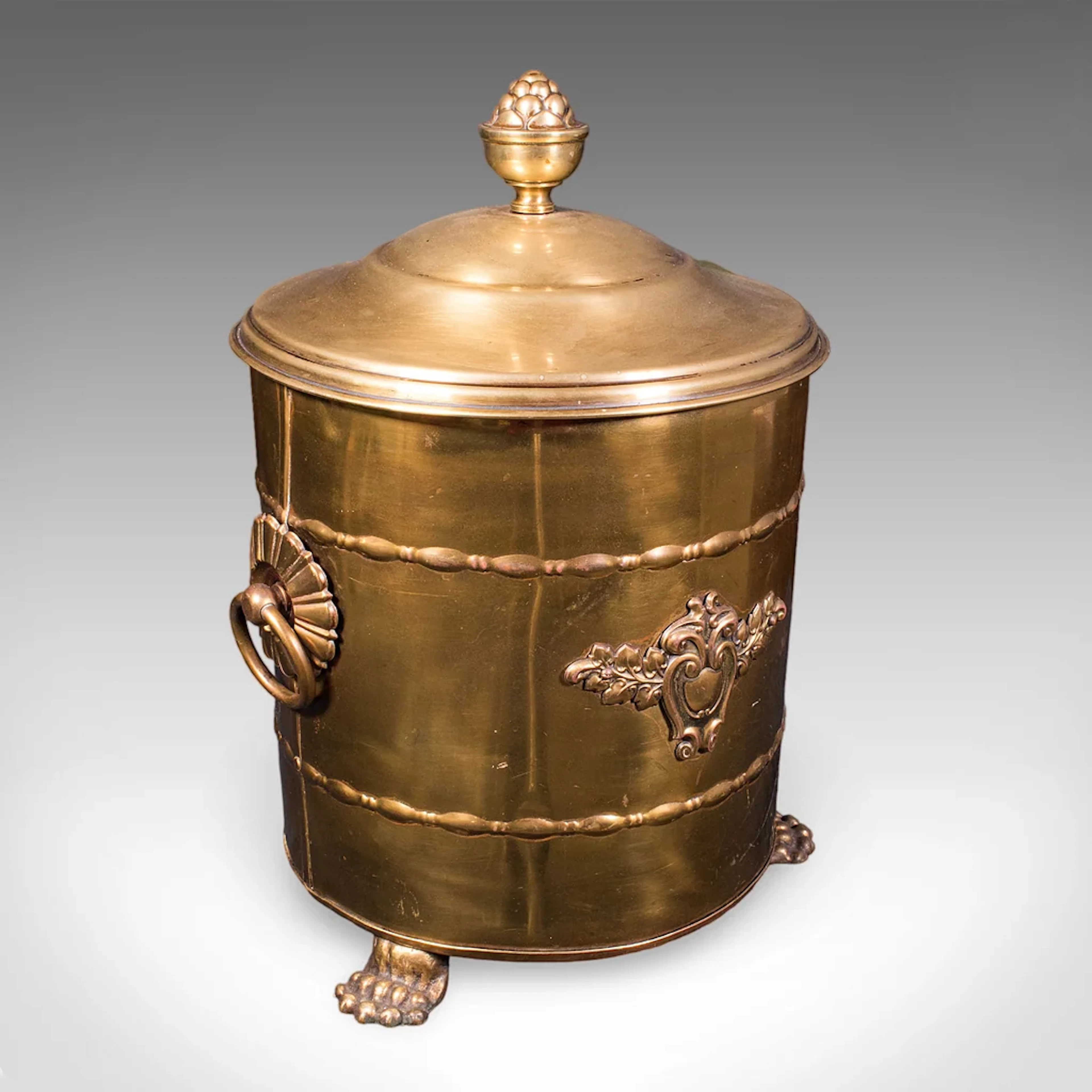 Antique Coal Bin, English, Brass, Fireside Log Store, Kindling Basket