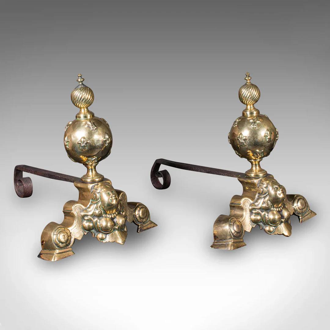 Pair Of Antique Fireside Andirons, French Brass, Chenet, Firedog