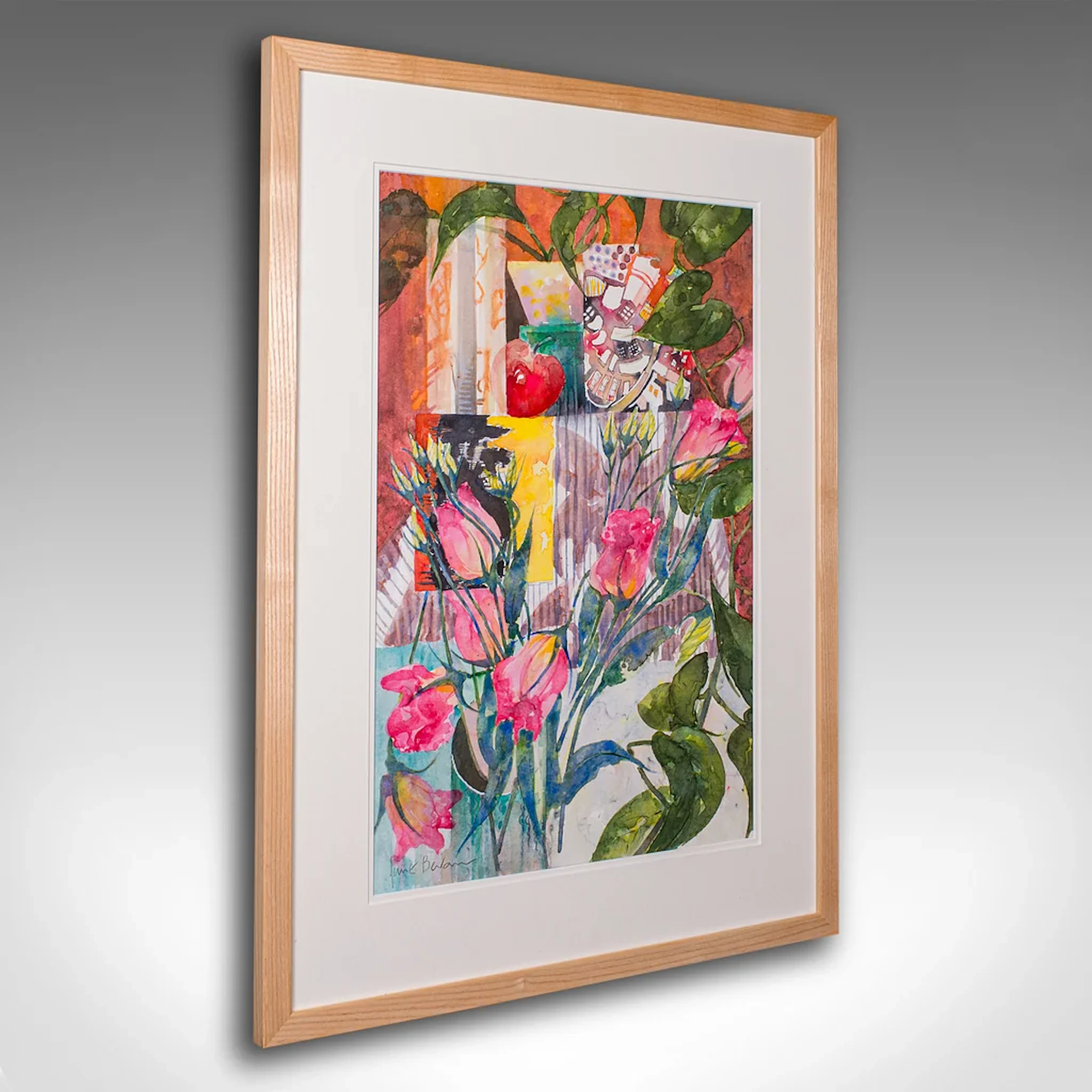 Vintage Abstract Painting, English, Framed Watercolour, Flower Study