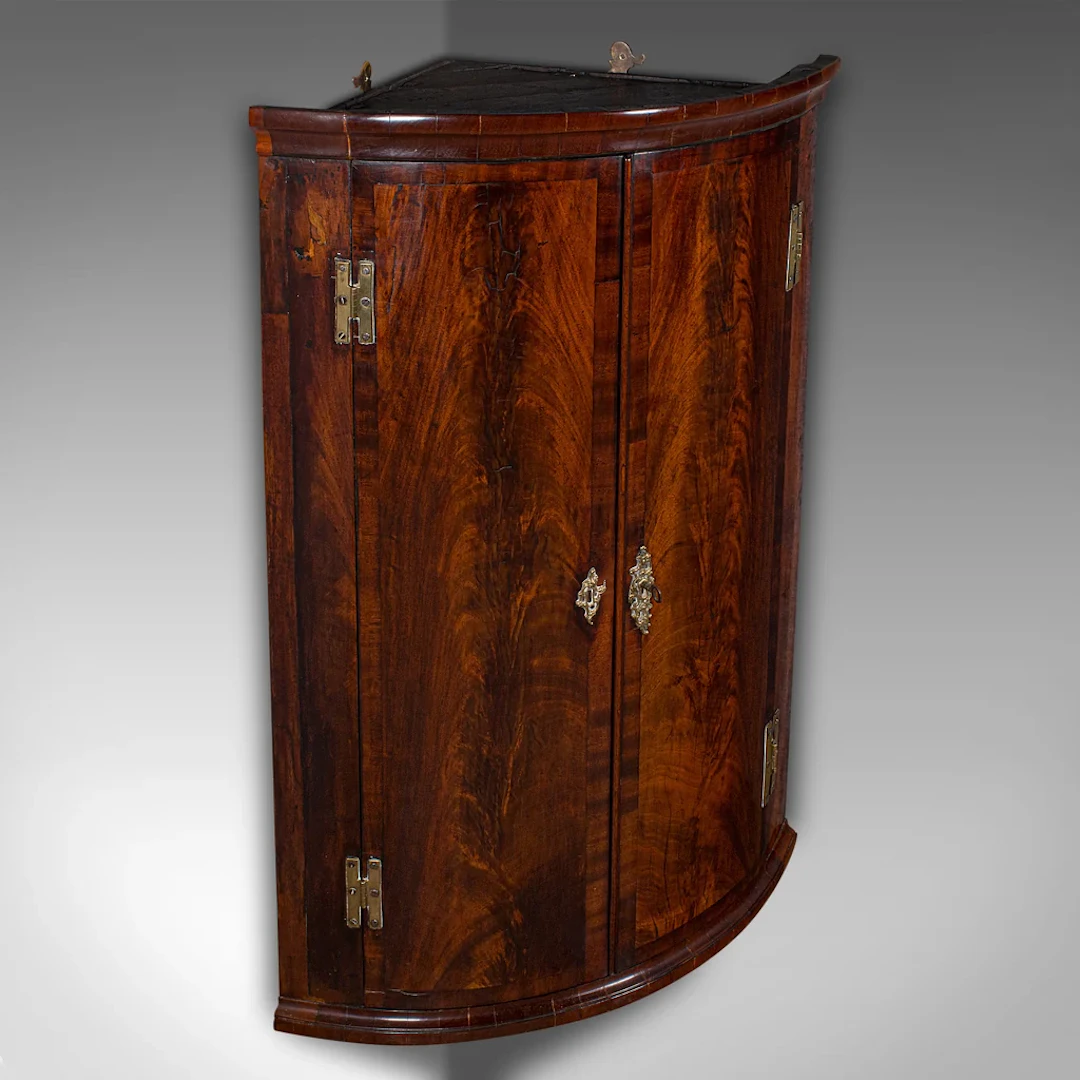 Antique Bow Front Corner Cabinet, English, Flame, Wall Cupboard, Georgian, 1780