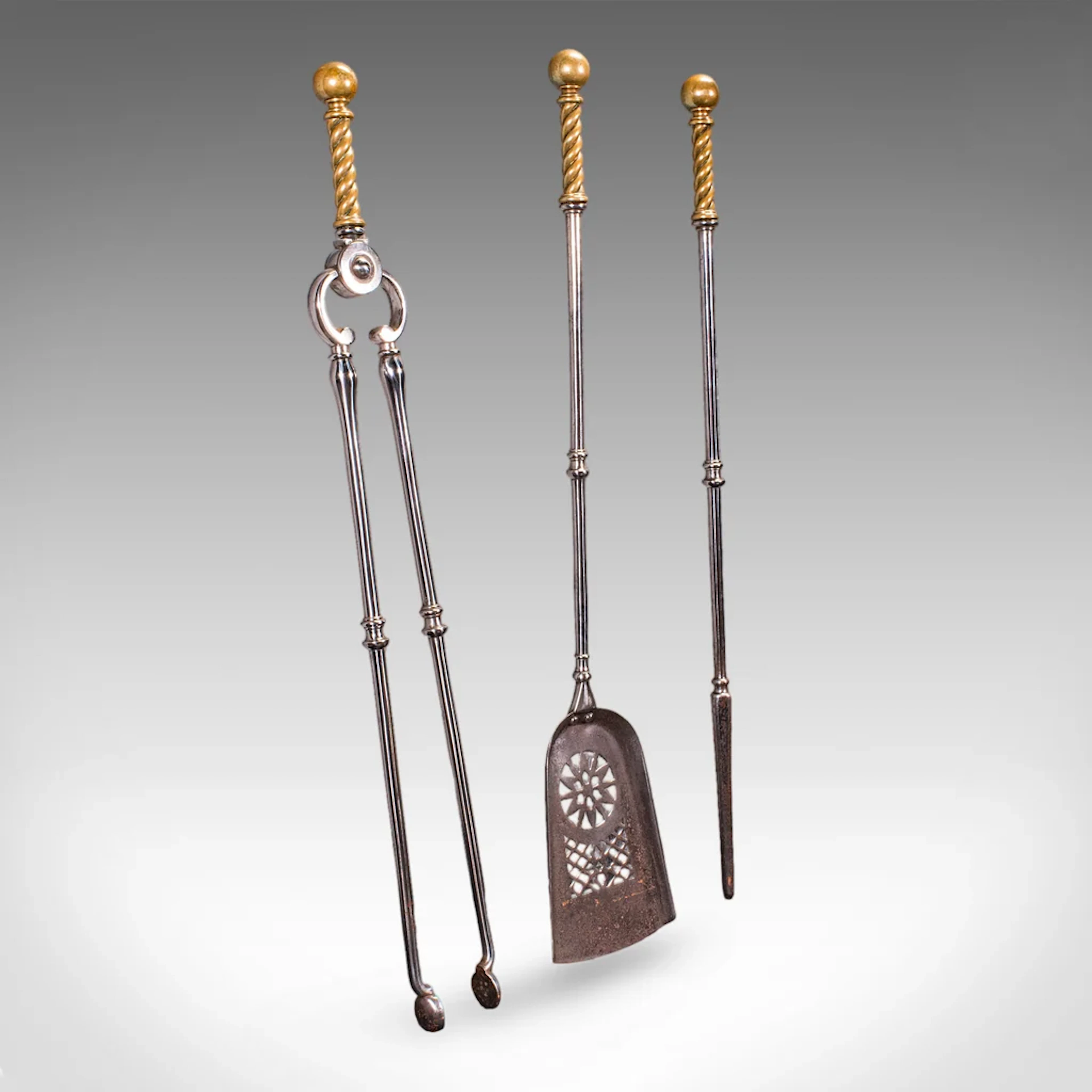 Antique Companion Set, Three Fireside Tools, English, Steel, Brass, Victorian