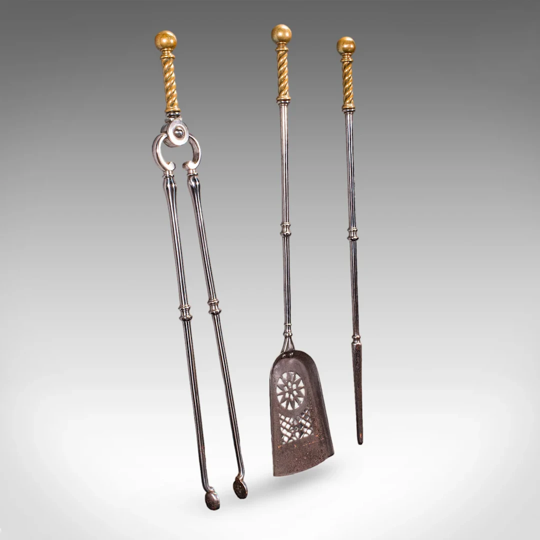 Antique Companion Set, Three Fireside Tools, English, Steel, Brass, Victorian