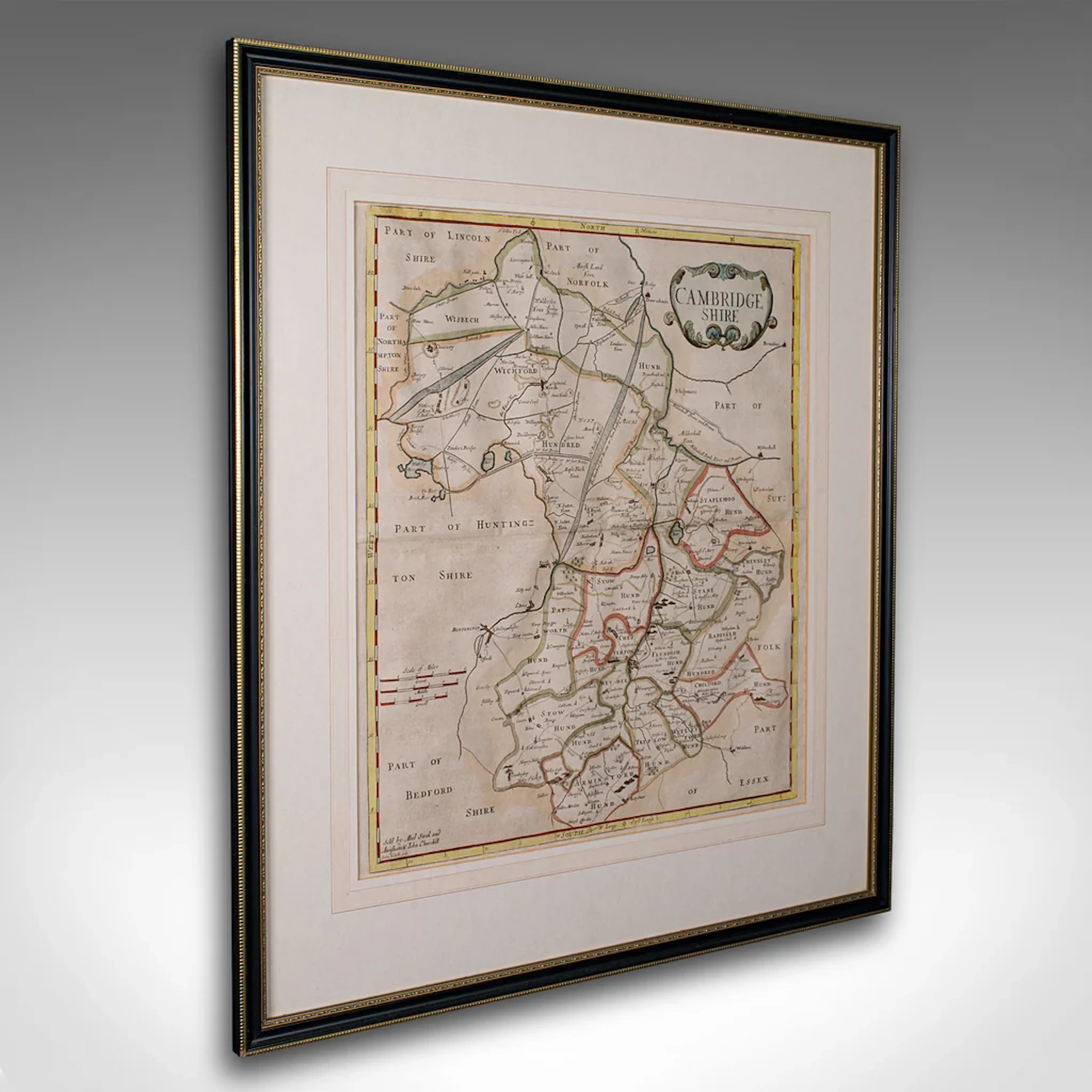 Antique County Map, Cambridgeshire, English, Framed Cartography, Robert Morden
