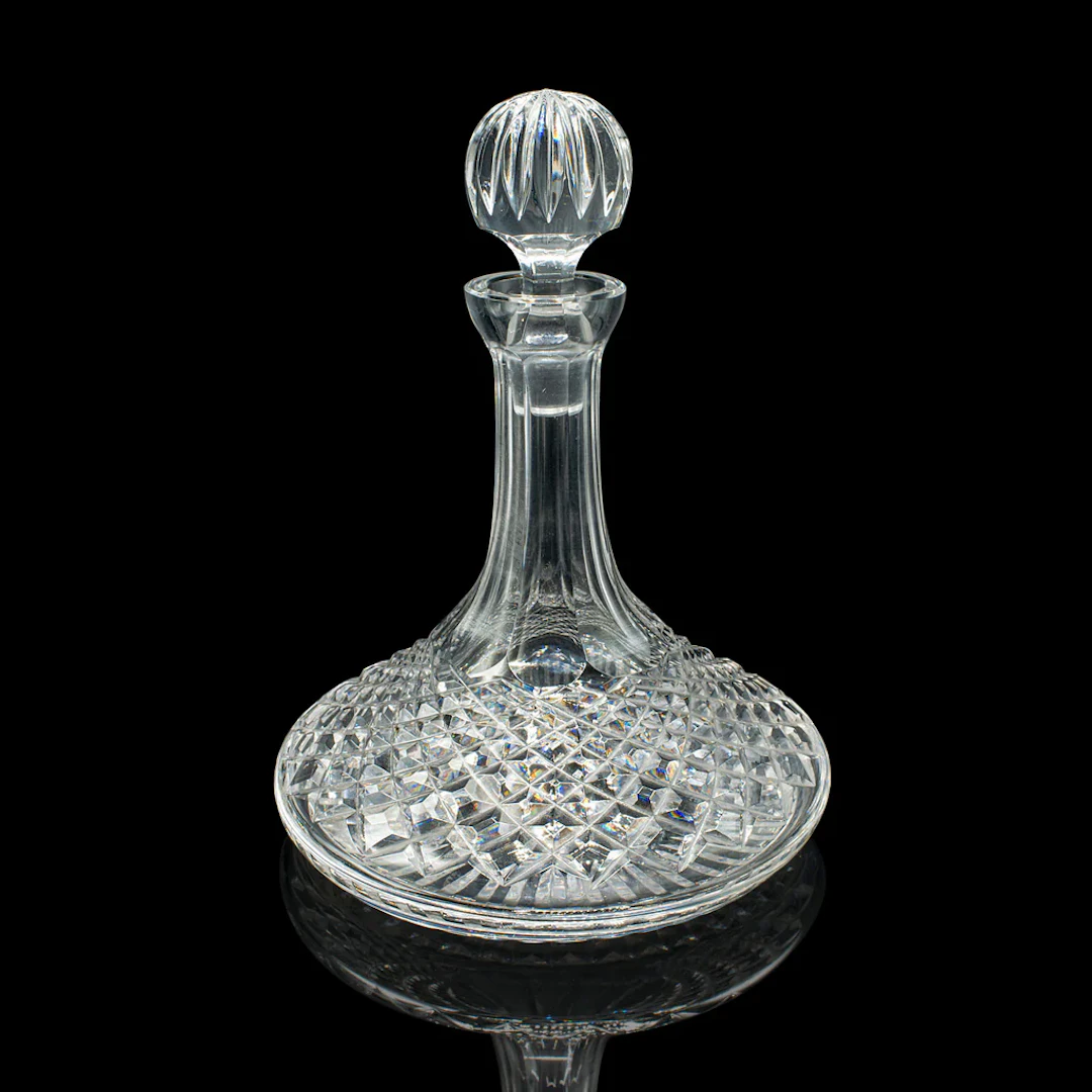 Vintage Ship’s Decanter, English, Crystal Glass Wine Vessel, Mid Century