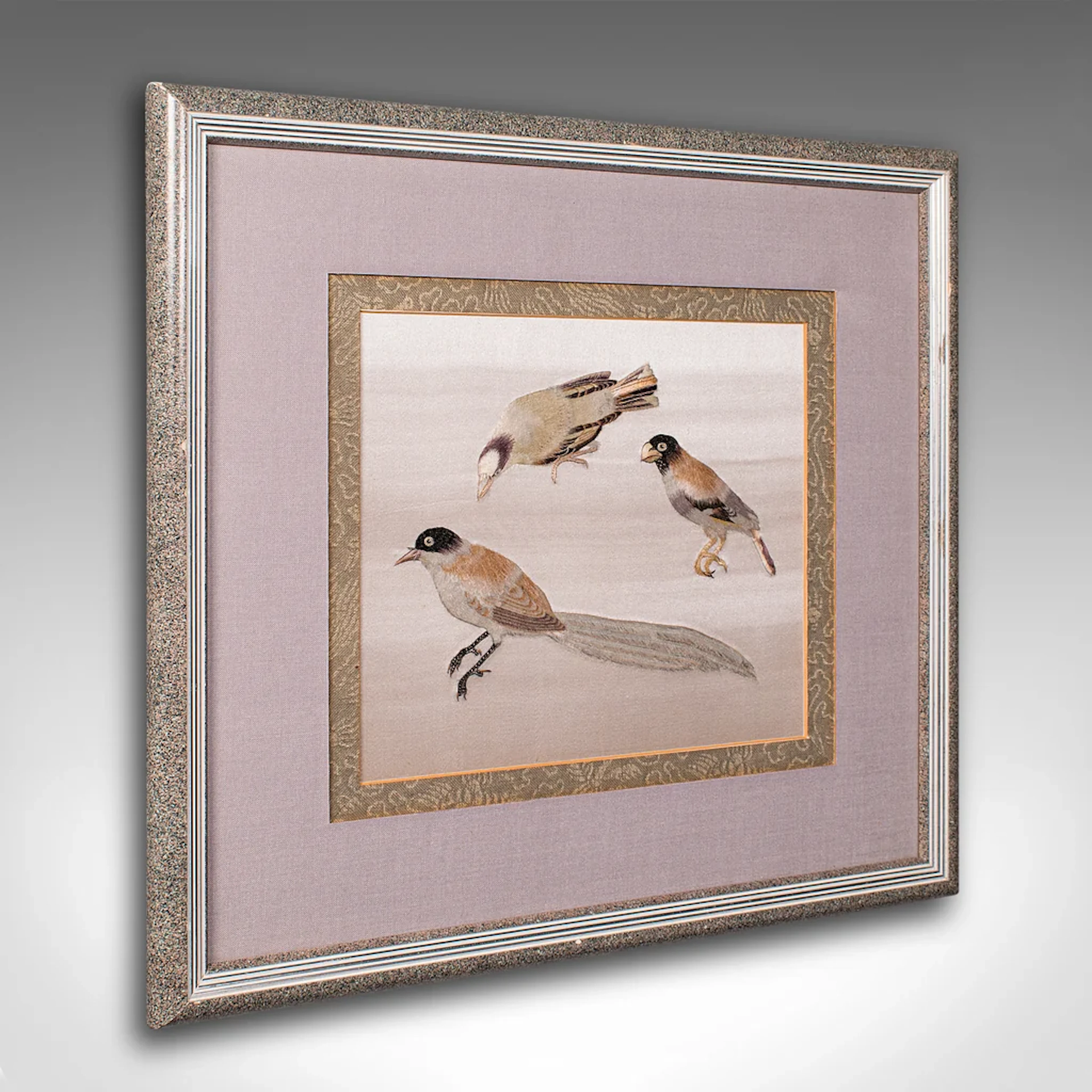 Vintage Bird Wall Panel, Japanese, Silk Cotton, Embroidery, Art Deco