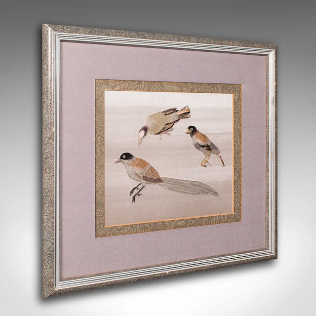 Vintage Bird Wall Panel, Japanese, Silk Cotton, Embroidery, Art Deco