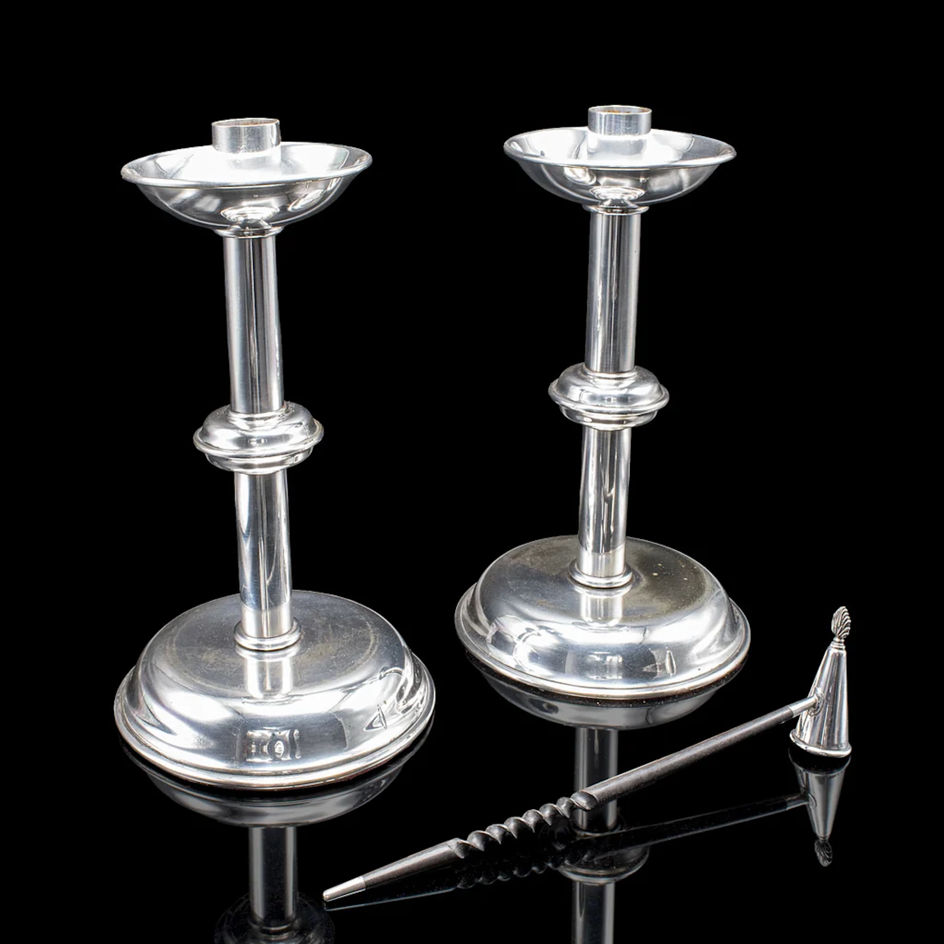 Pair of Vintage Candlesticks, English, Silver Plate, Snuffer Tool, Mid Century