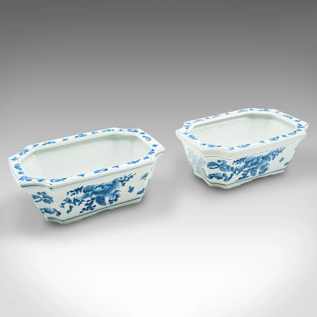 Pair Of Vintage Window Box Planters, Chinese Ceramic, Blue and White