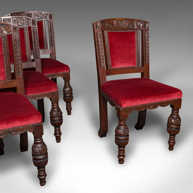 Set of 4 Antique Dining Chairs, Scottish, Oak, Gothic Revival, Victorian