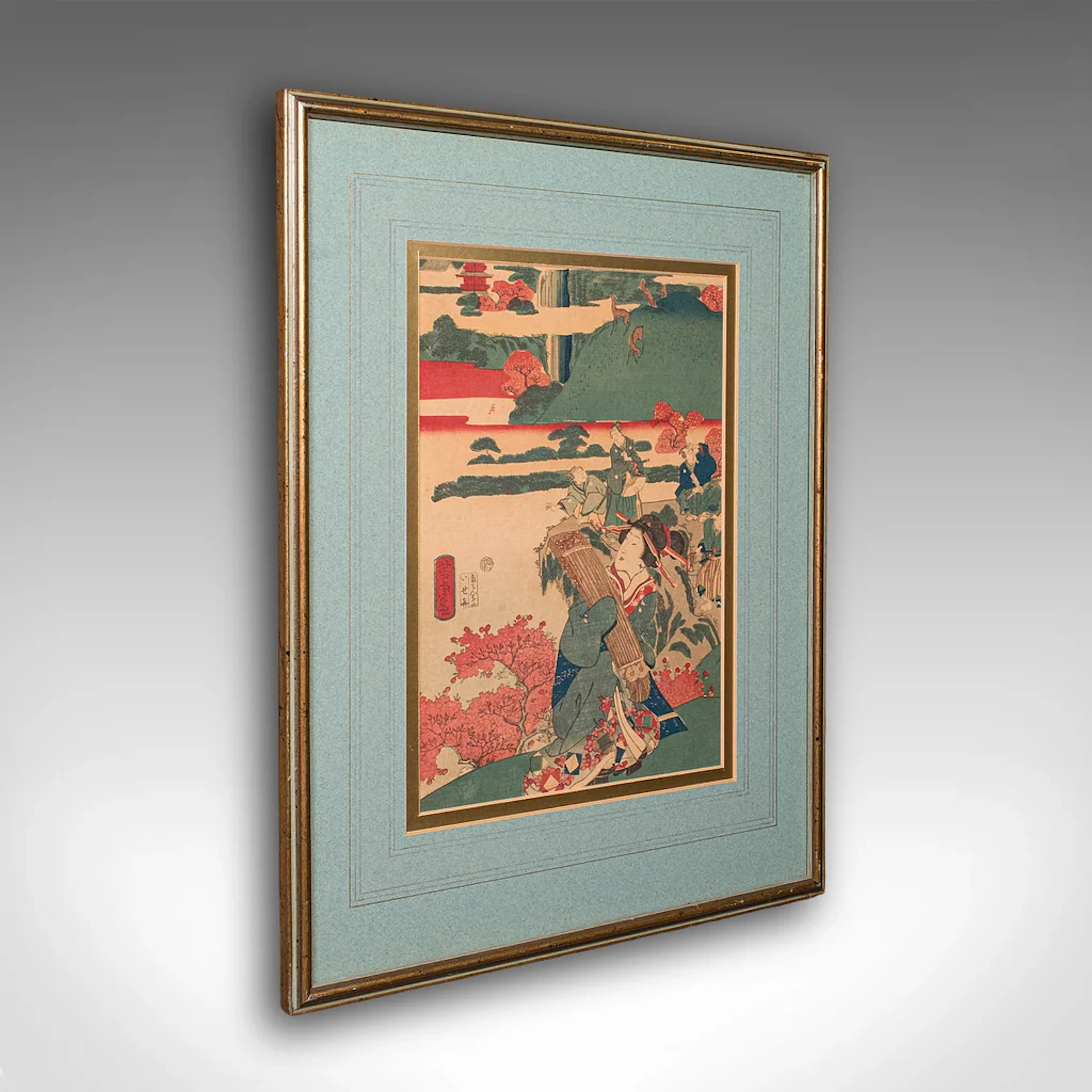 Antique Framed Woodblock Print, Japanese Art, Edo, Ukiyo-e, Kunisada, Victorian