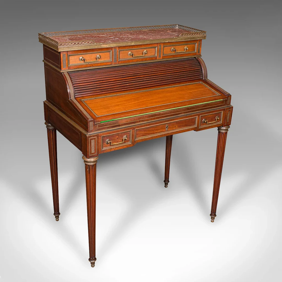 Antique Lady's Writing Desk, French, Marble, Roll Top Bureaux, Victorian