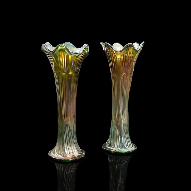 Pair Of, Vintage Decorative Flower Vases, English, Carnival Glass, Circa 1930