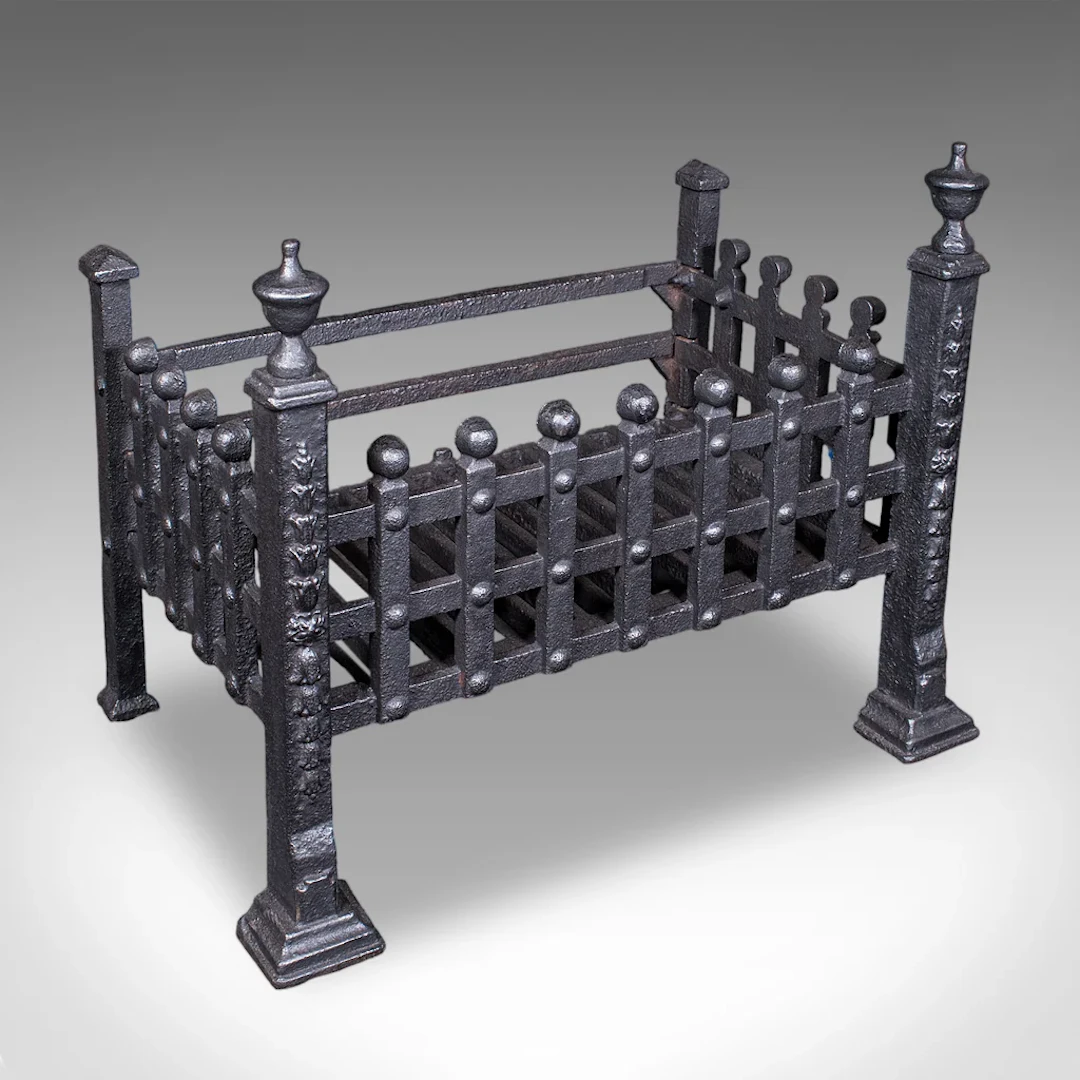 Antique Fire Basket, English, Wrought Iron Fireplace Grate, Victorian, C.1885