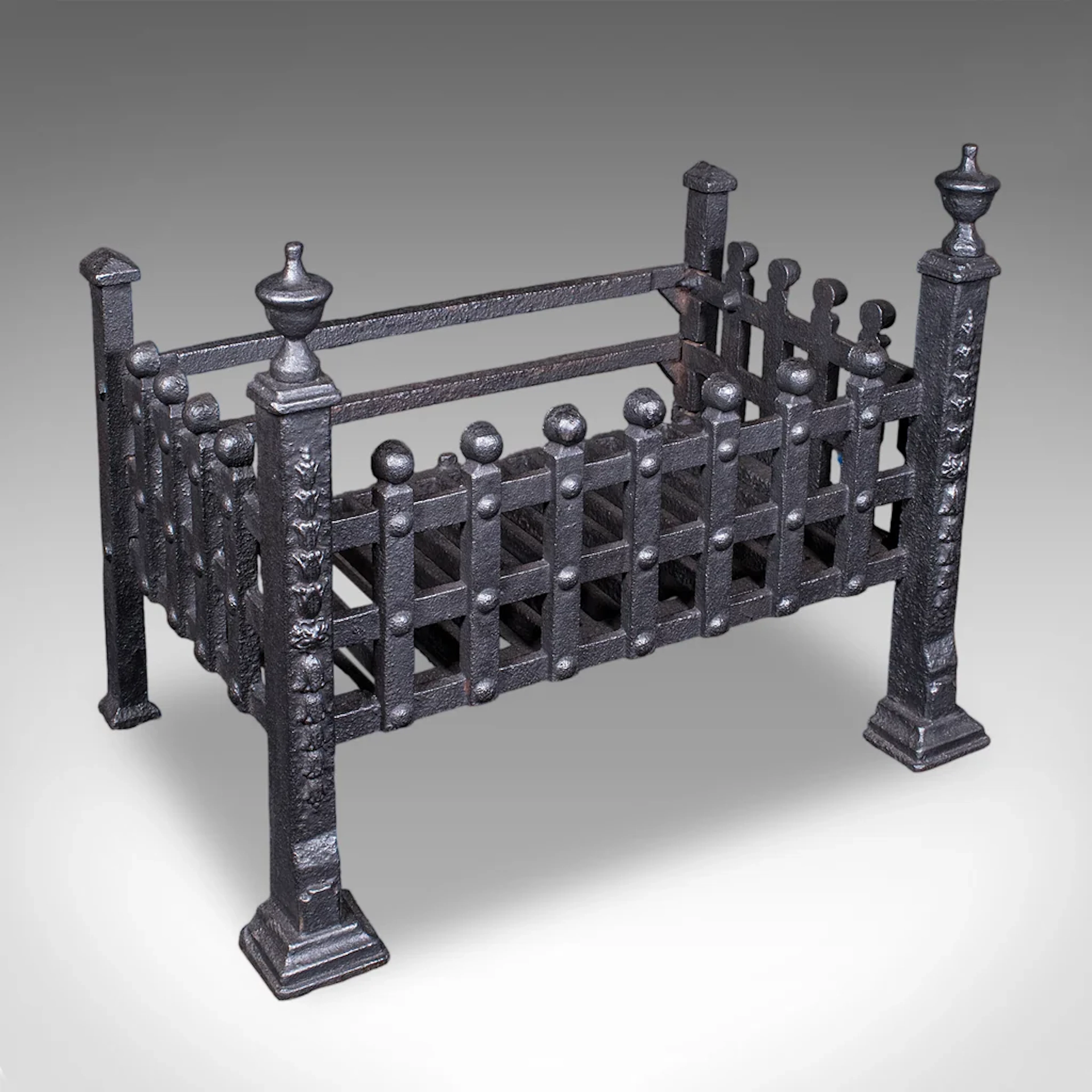 Antique Fire Basket, English, Wrought Iron Fireplace Grate, Victorian, C.1885