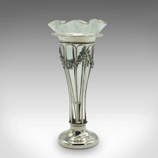 Small Antique Stem Vase, English, Silver, Glass, Decor, Art Nouveau, Edwardian