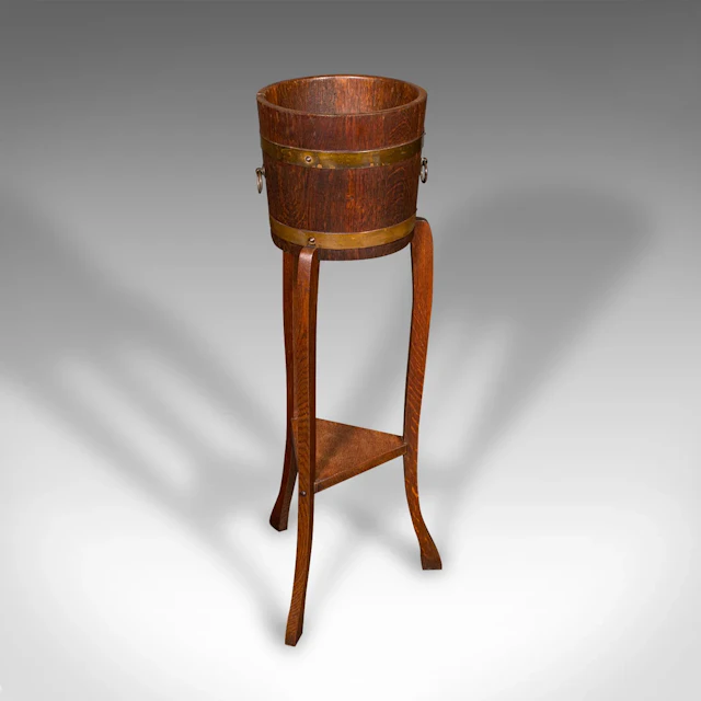 Antique Decorative Jardiniere Stand, English, Coopered Oak, Planter, Circa 1920