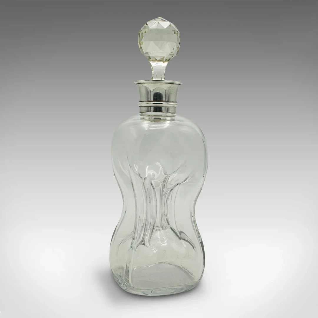 Antique Port Decanter, English, Glass, Silver, Birmingham, Edwardian