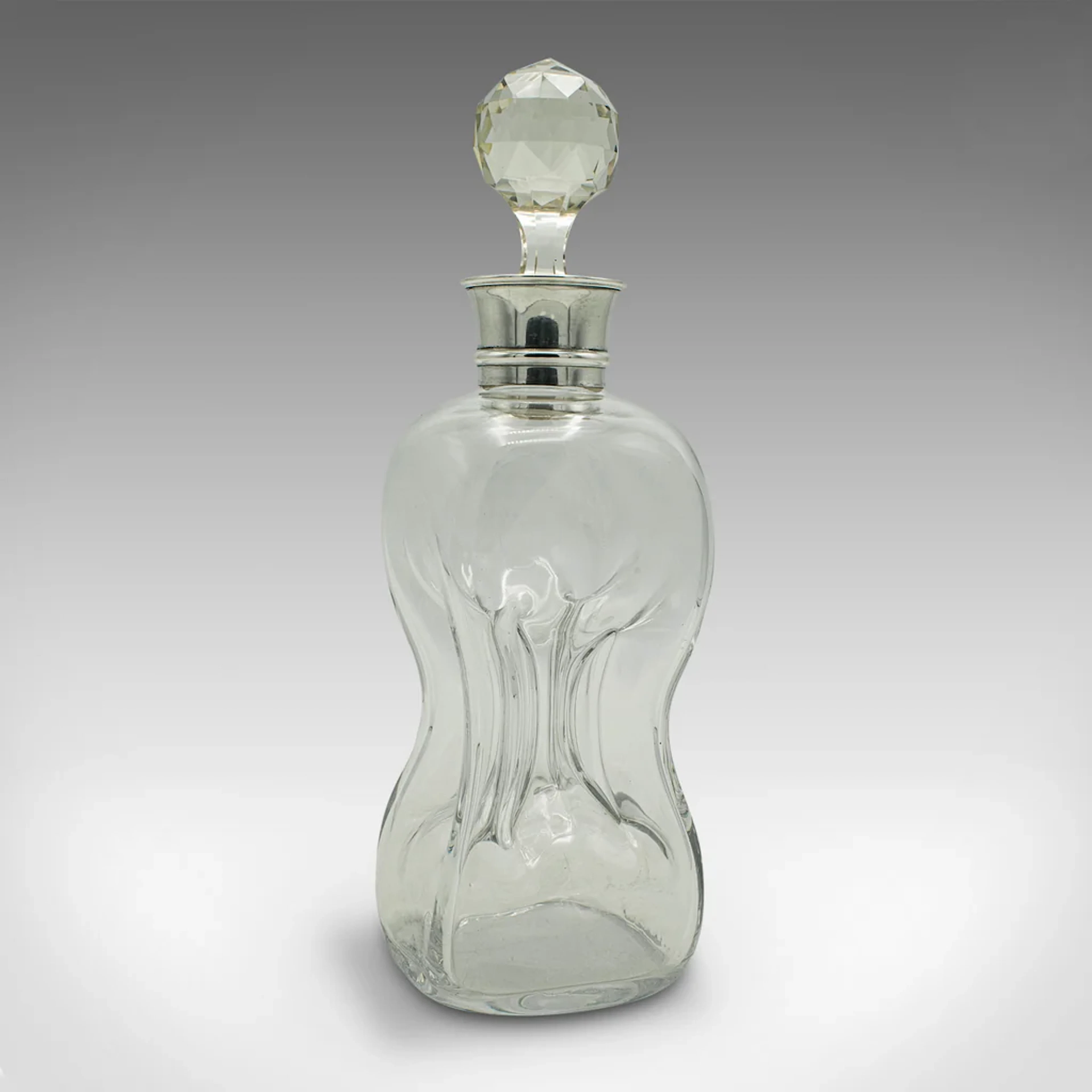 Antique Port Decanter, English, Glass, Silver, Birmingham, Edwardian