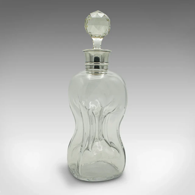 Antique Port Decanter, English, Glass, Silver, Birmingham, Edwardian