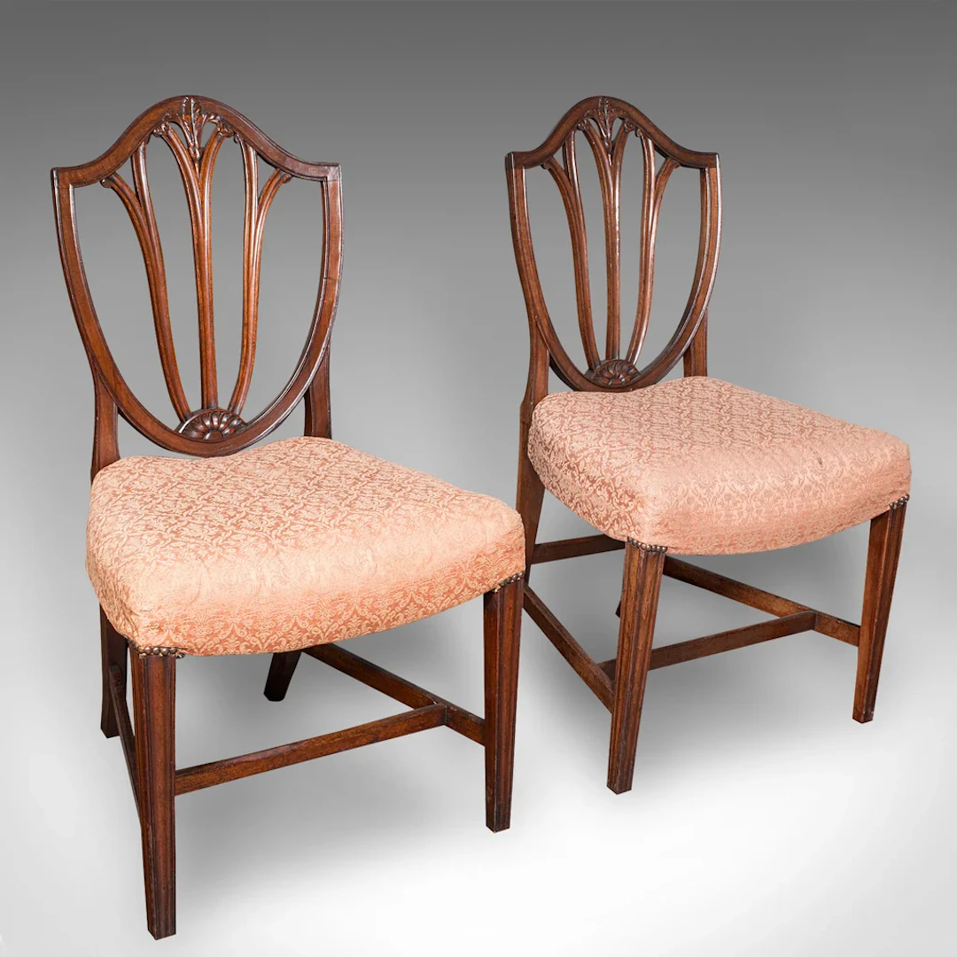 Pair Of Antique Hepplewhite Side Chairs, English, Fruitwood, Hall