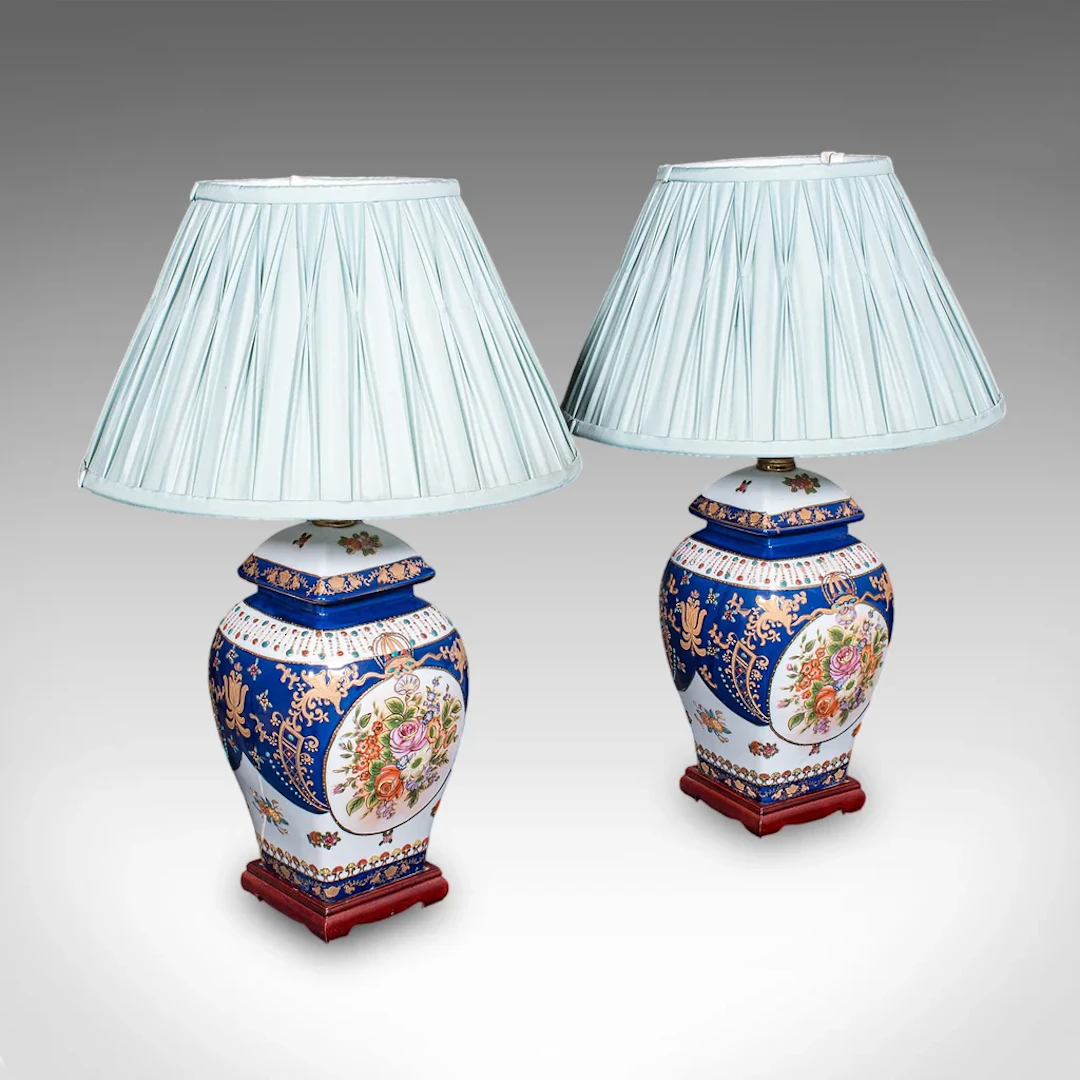 Pair Of Vintage Table Lamps, Oriental Ceramic, Accent Light, Hall