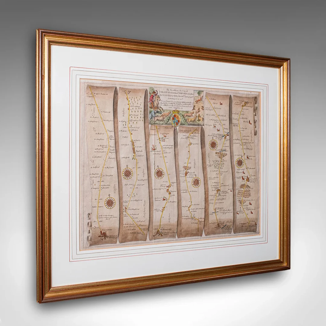 Antique Coaching Map, Salisbury to Campden, English, Framed Cartography, Ogilby