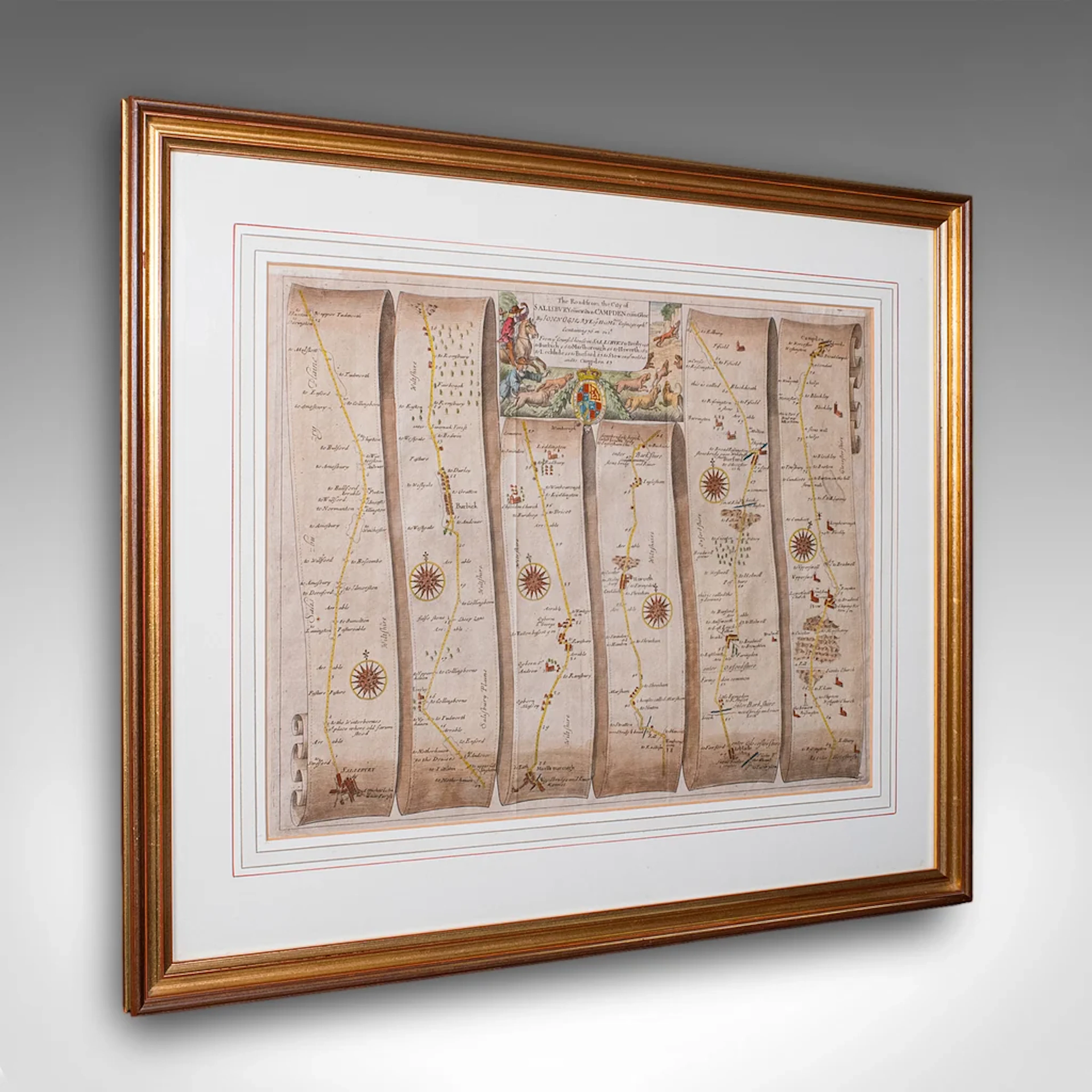 Antique Coaching Map, Salisbury to Campden, English, Framed Cartography, Ogilby