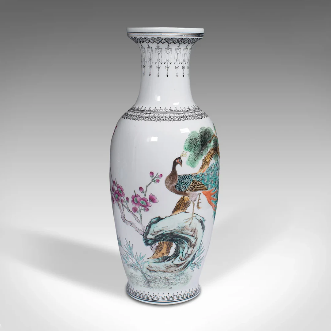 Vintage Flower Vase, Chinese, Ceramic, Decorative Urn, Peacock Motif