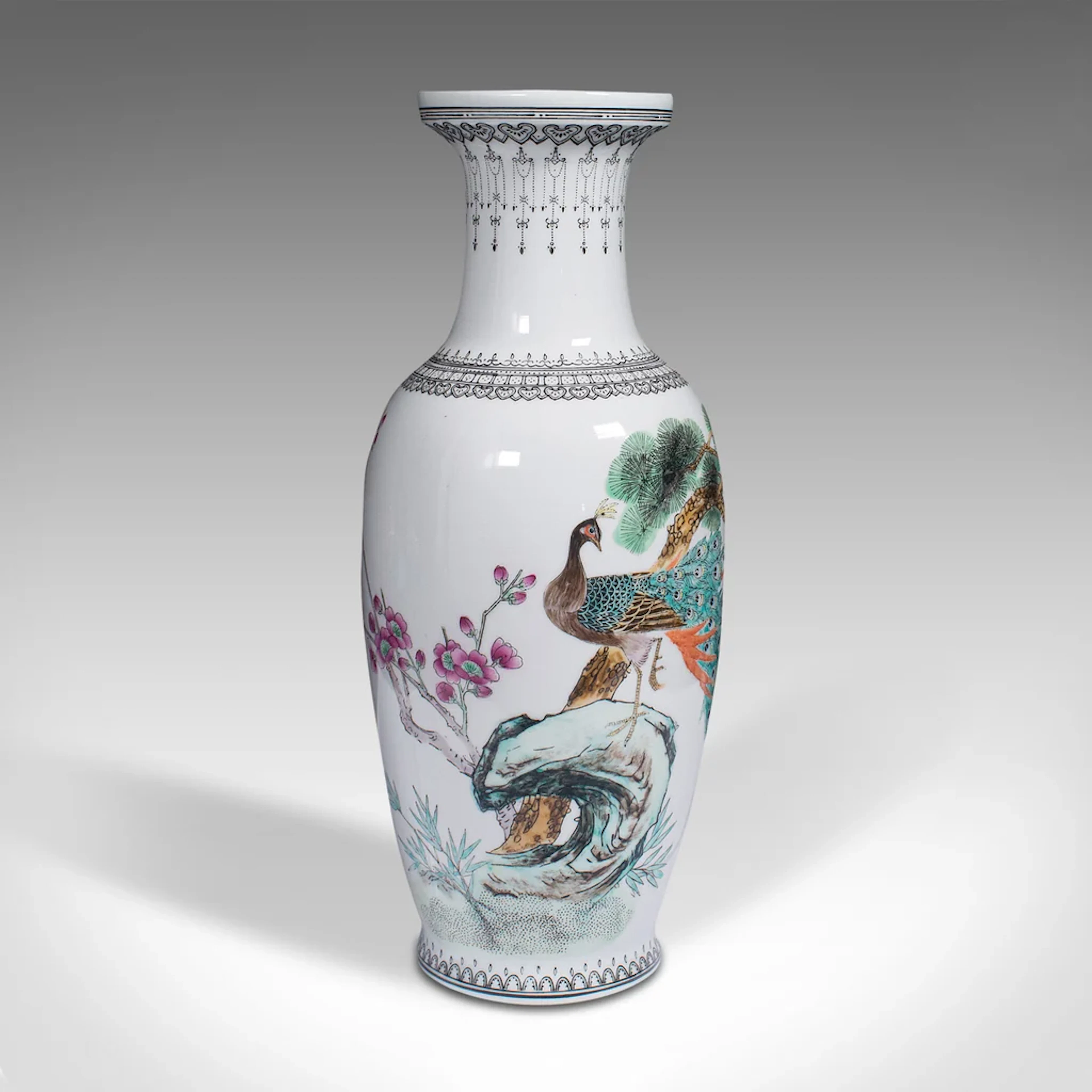 Vintage Flower Vase, Chinese, Ceramic, Decorative Urn, Peacock Motif