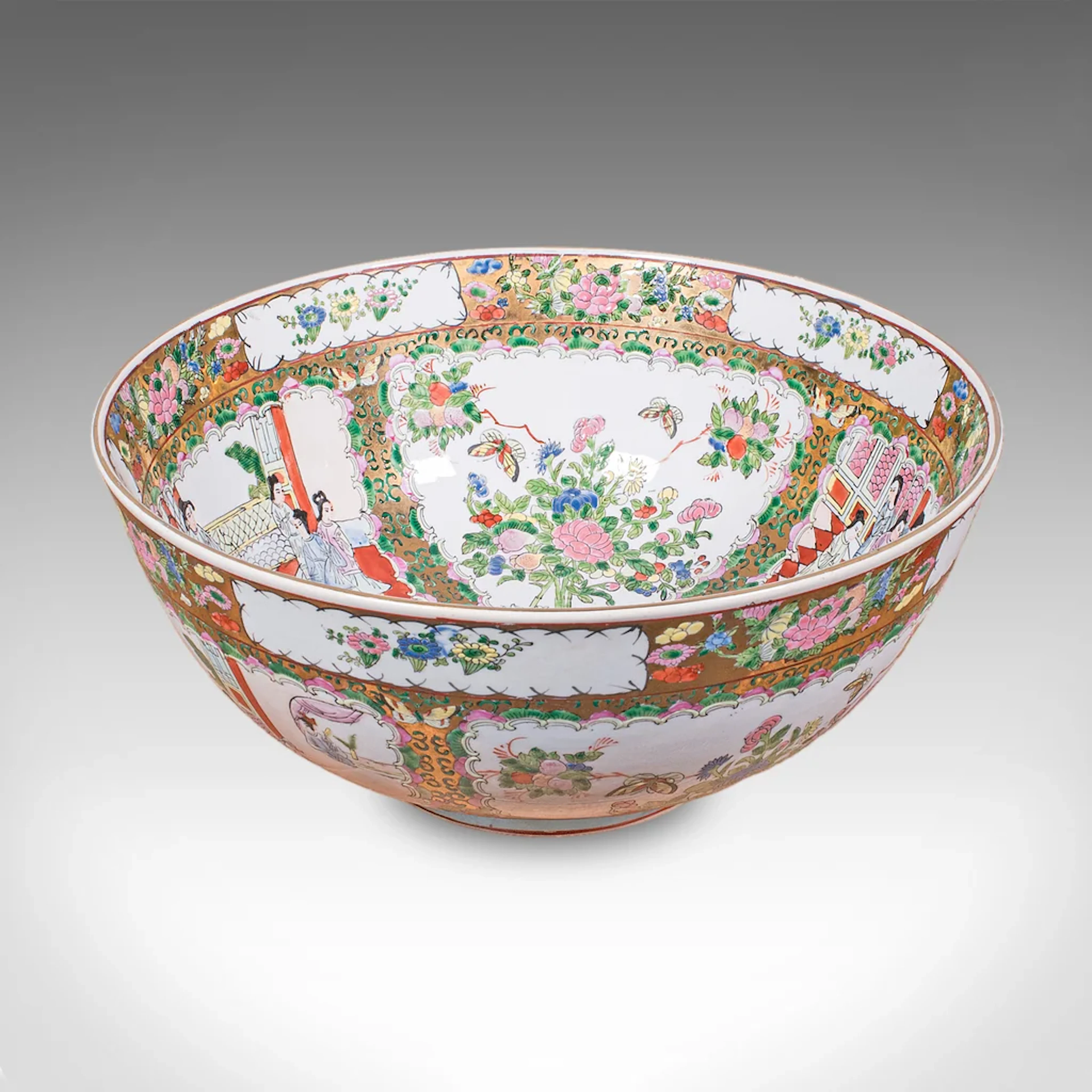 Large Vintage Famille Rose Fruit Bowl, Oriental, Ceramic, Display
