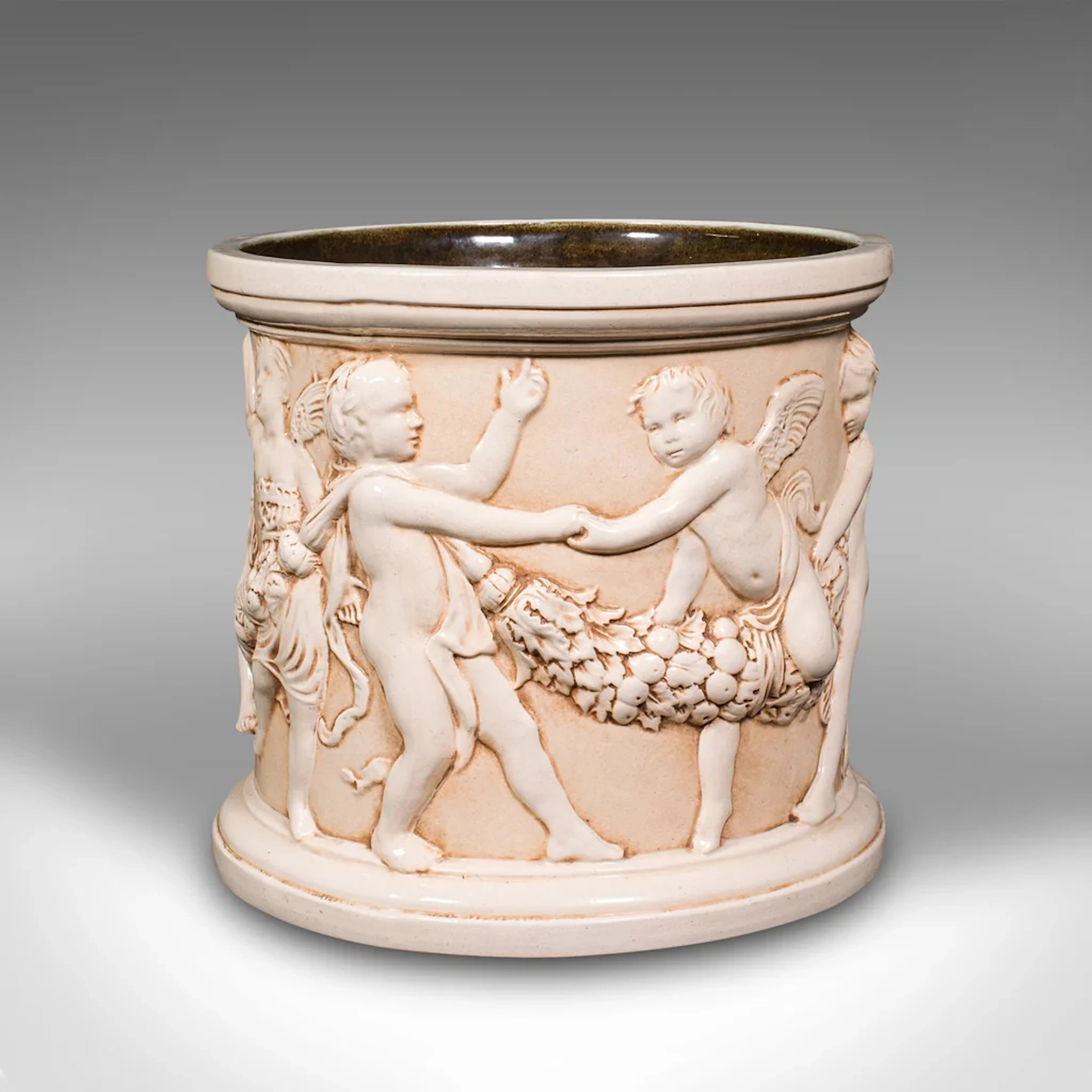 Antique Decorative Cherub Jardiniere, English, Ceramic Planter, Putti
