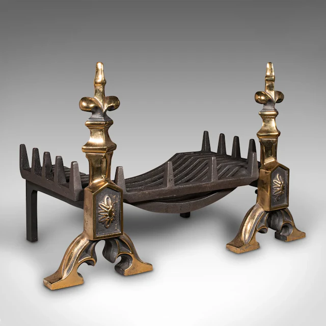Antique Art Nouveau Fireplace Set, English, Fire Basket, Andirons, Victorian