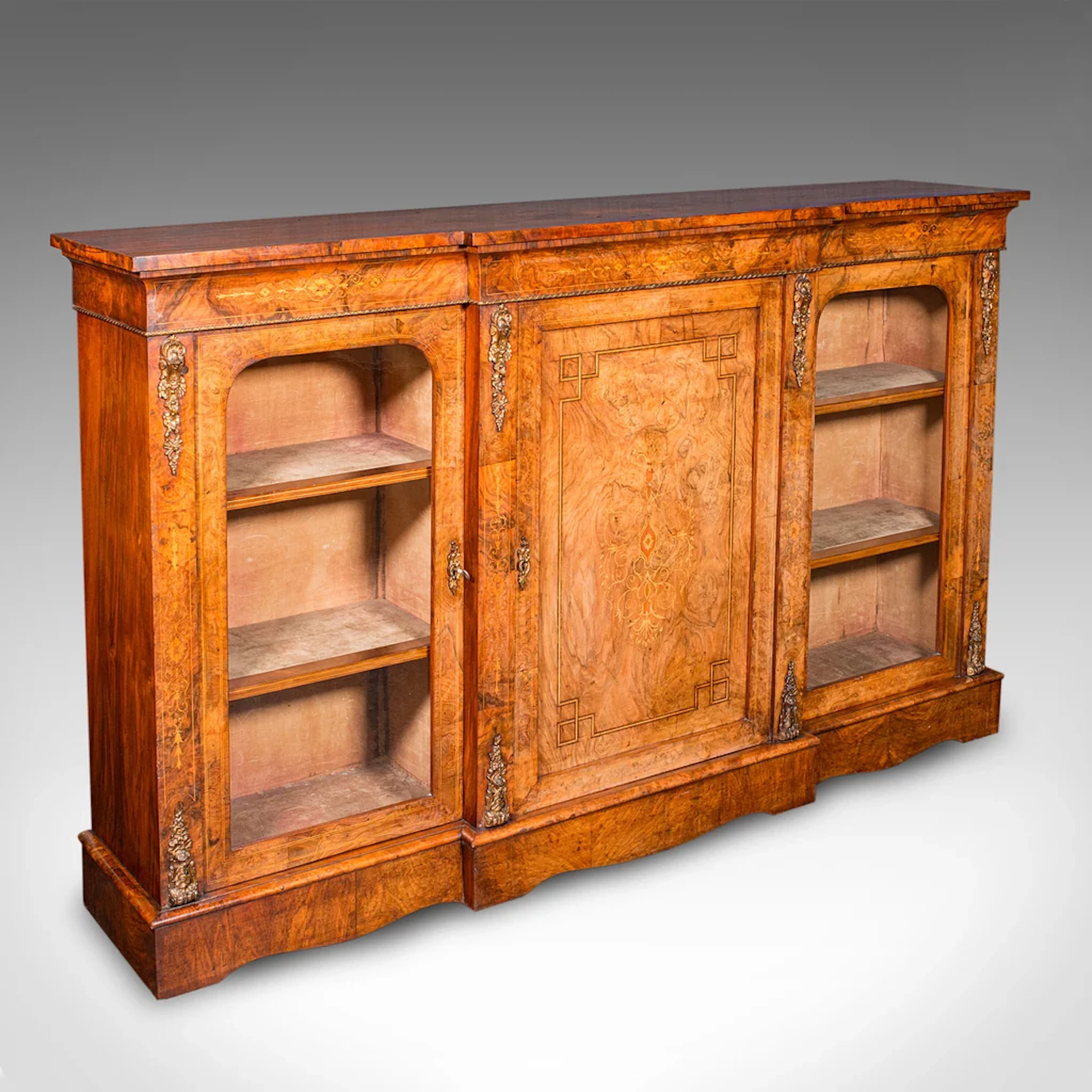 Antique Display Bookcase, English, Walnut, Breakfront Library Cabinet, Regency