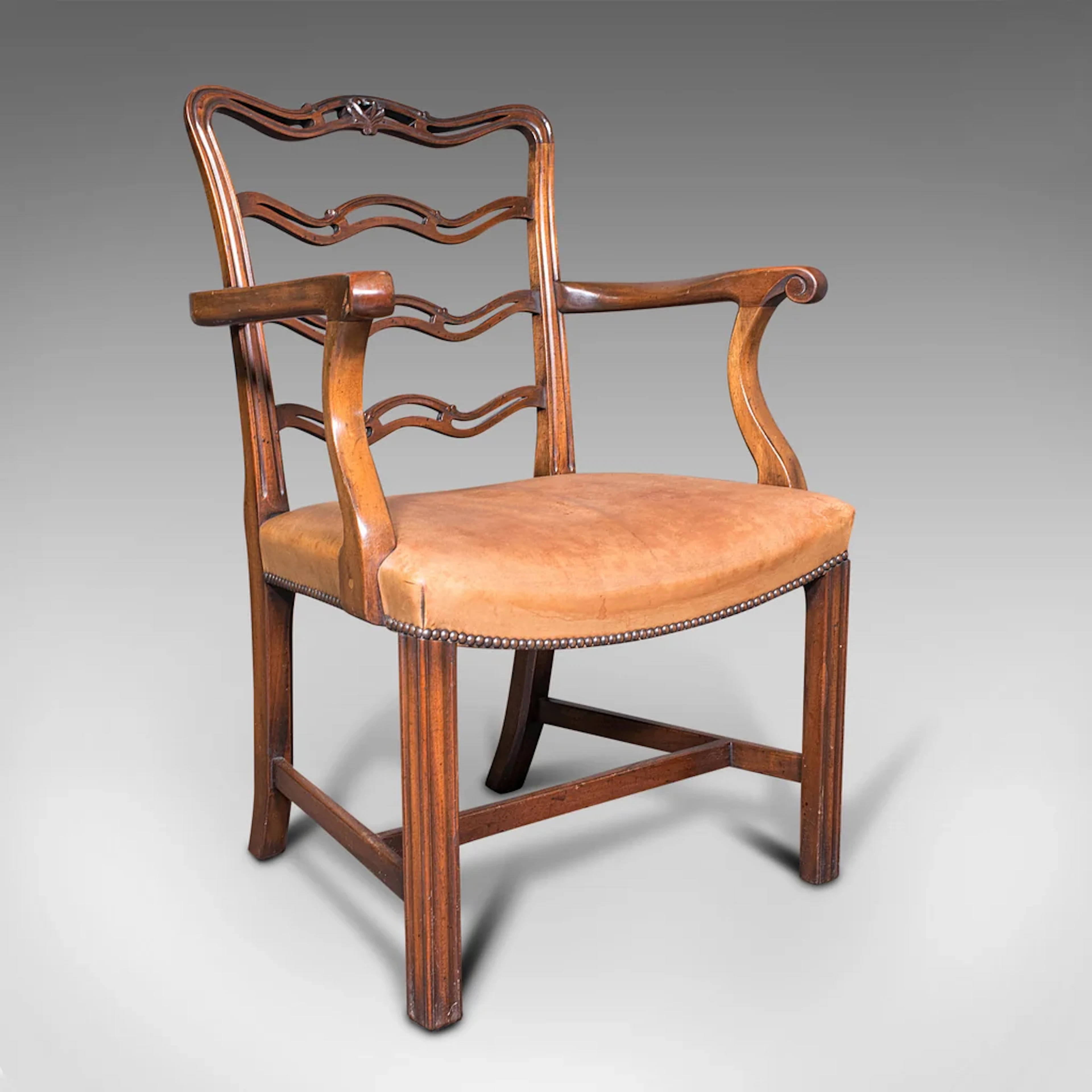 Vintage Ladder Back Study Chair, Irish, Leather, Elbow Seat, Carver, Art Deco