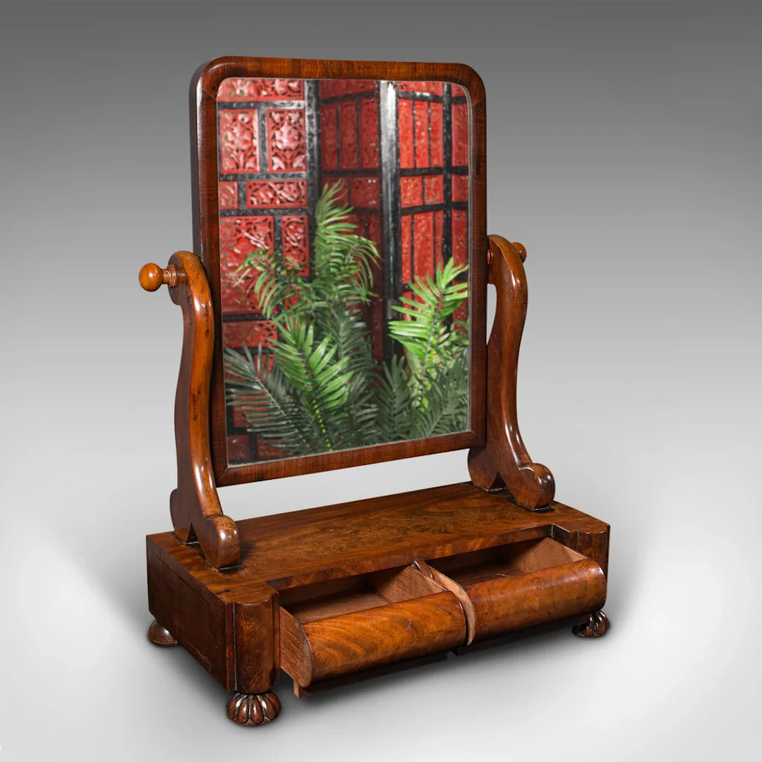 Antique Dressing Table Mirror, English, Original Glass, Barrel Front