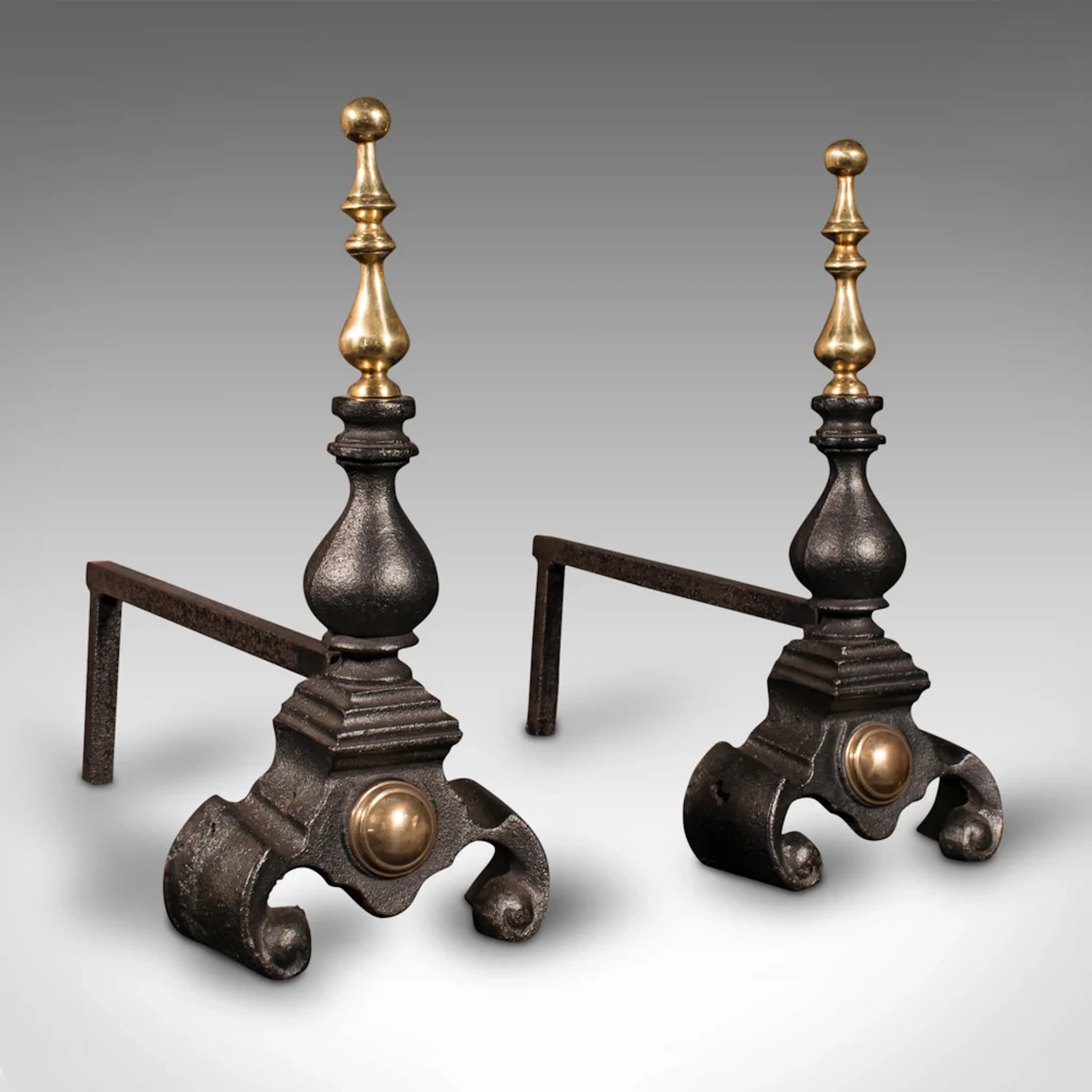 Pair, Antique Fireside Tool Rests, English, Cast Iron, Brass, Andiron