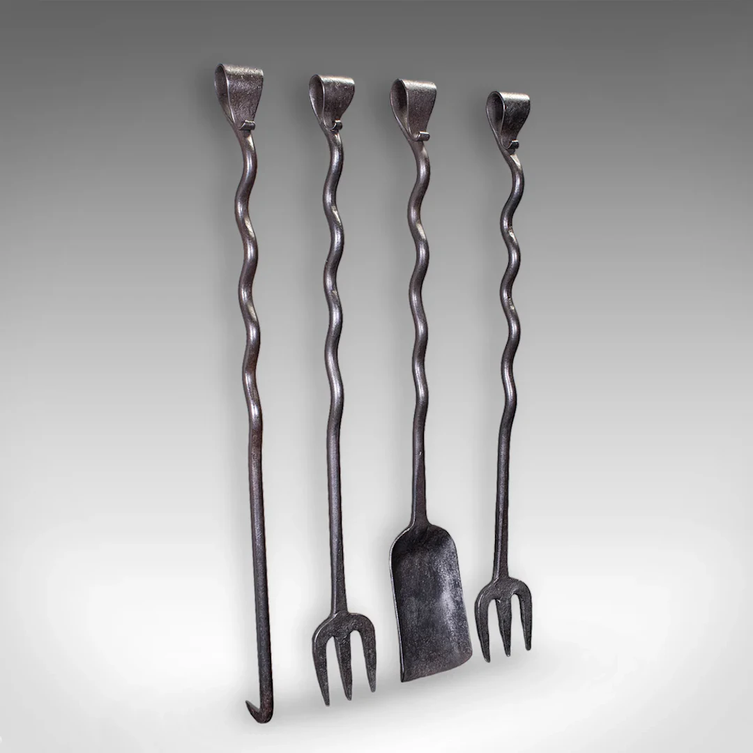 4 Antique Country House Inglenook Fire Tools, English, Companion Set, Victorian