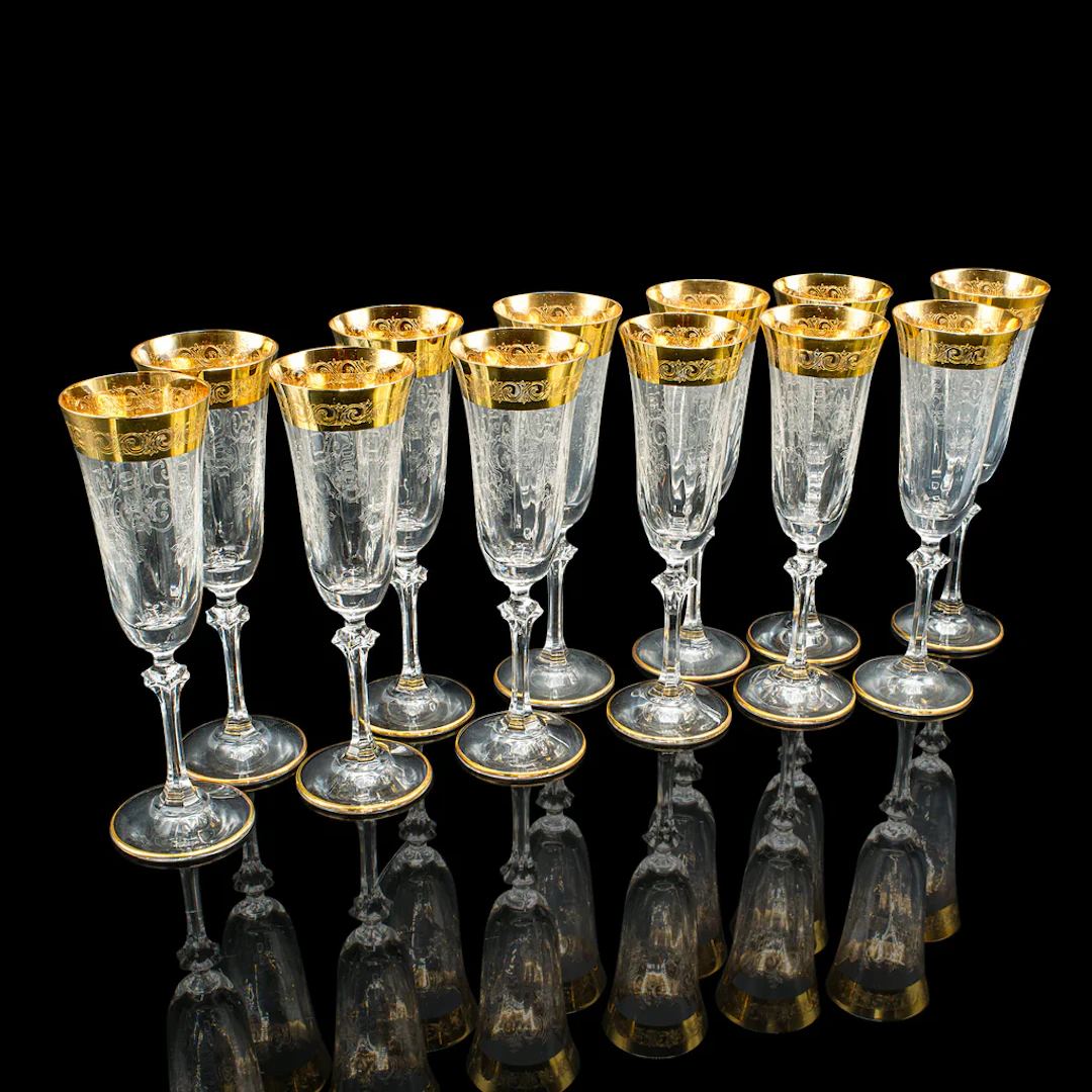 Set Of 12 Vintage Champagne Flutes, Continental, Wine Glass, Gold Leaf, C.1980